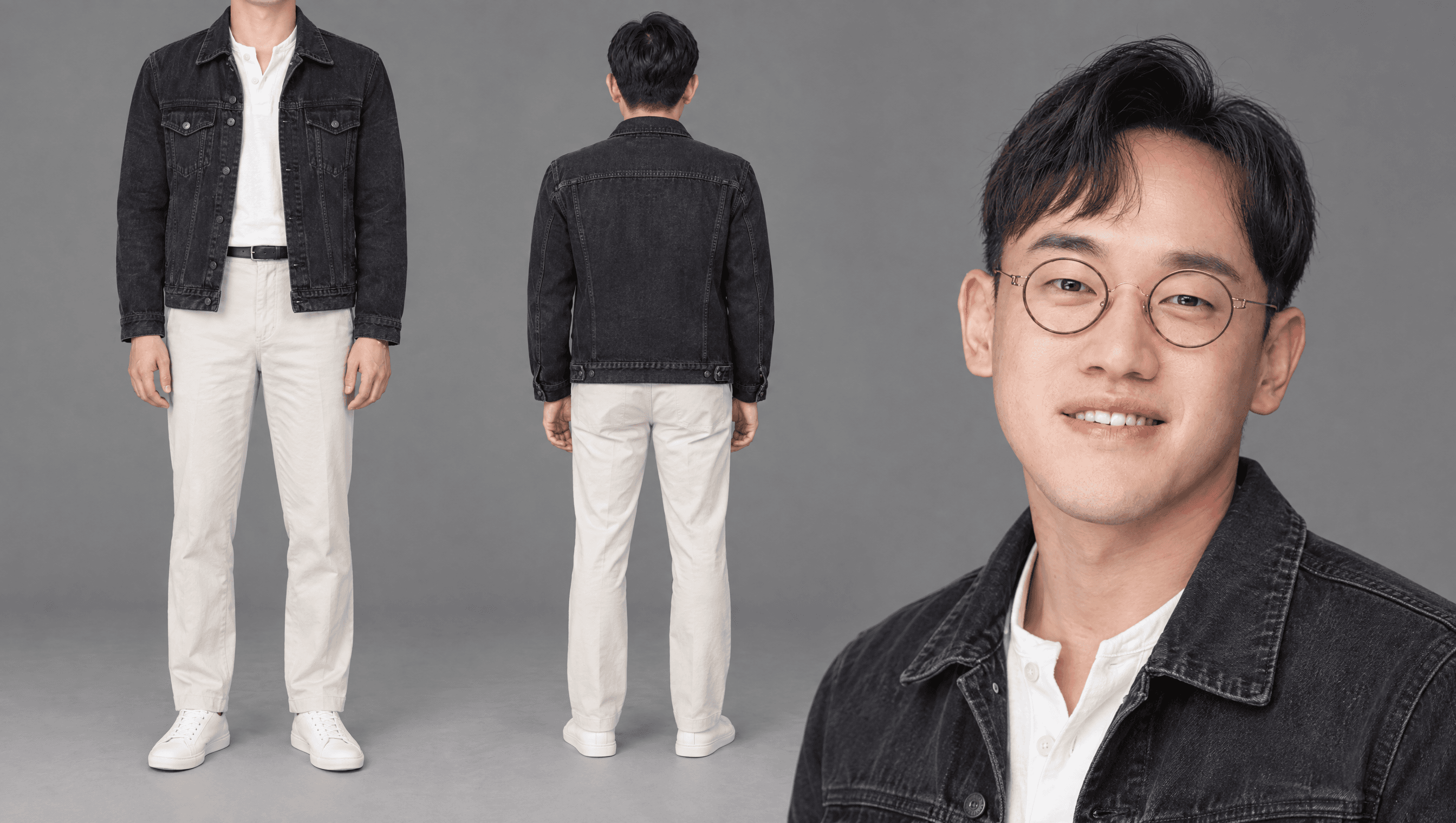 워싱 블랙 데님 트러커 · 흰 헨리넥 · 에크루 치노