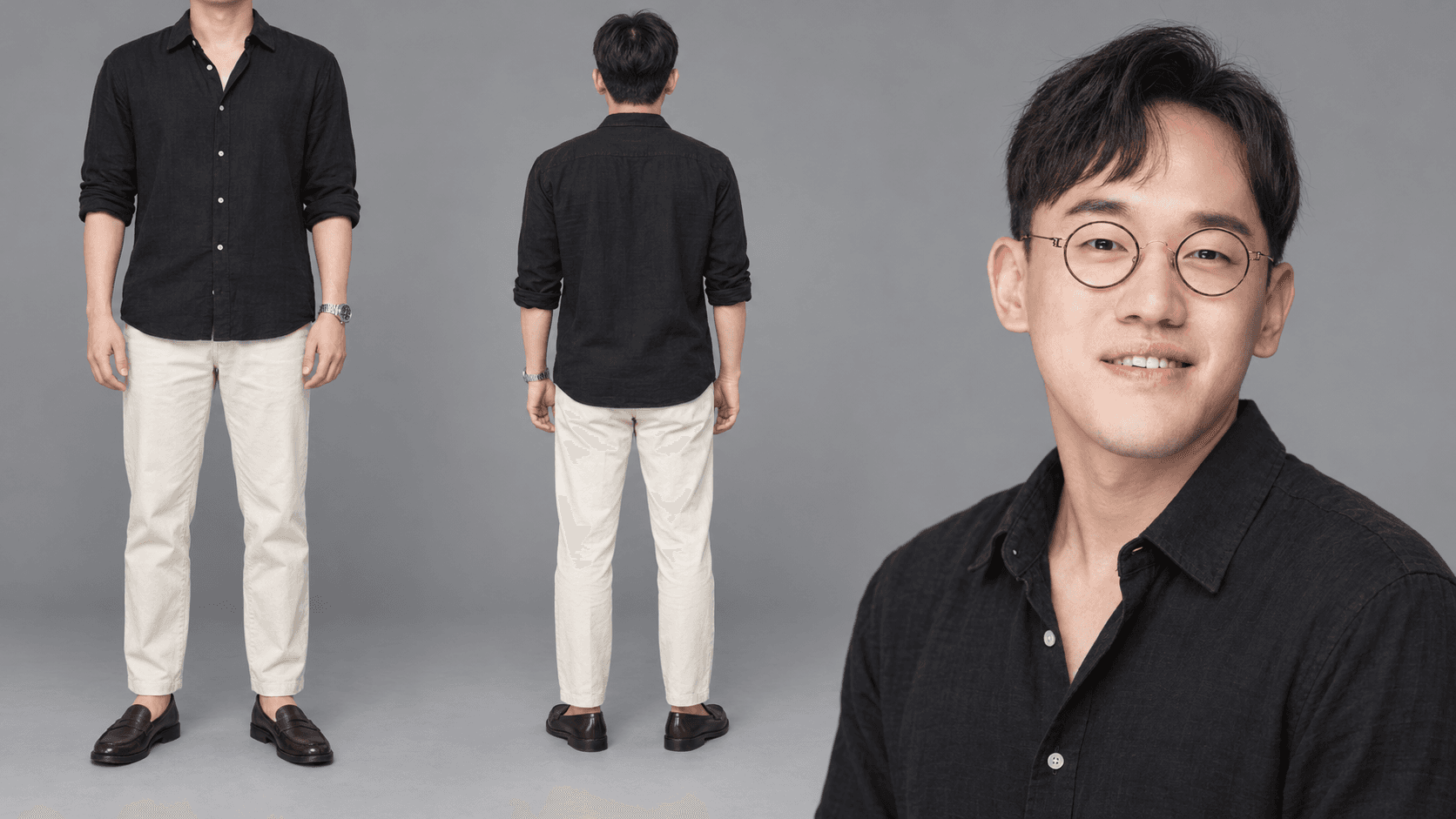 검은 리넨 셔츠 · 크림 치노
