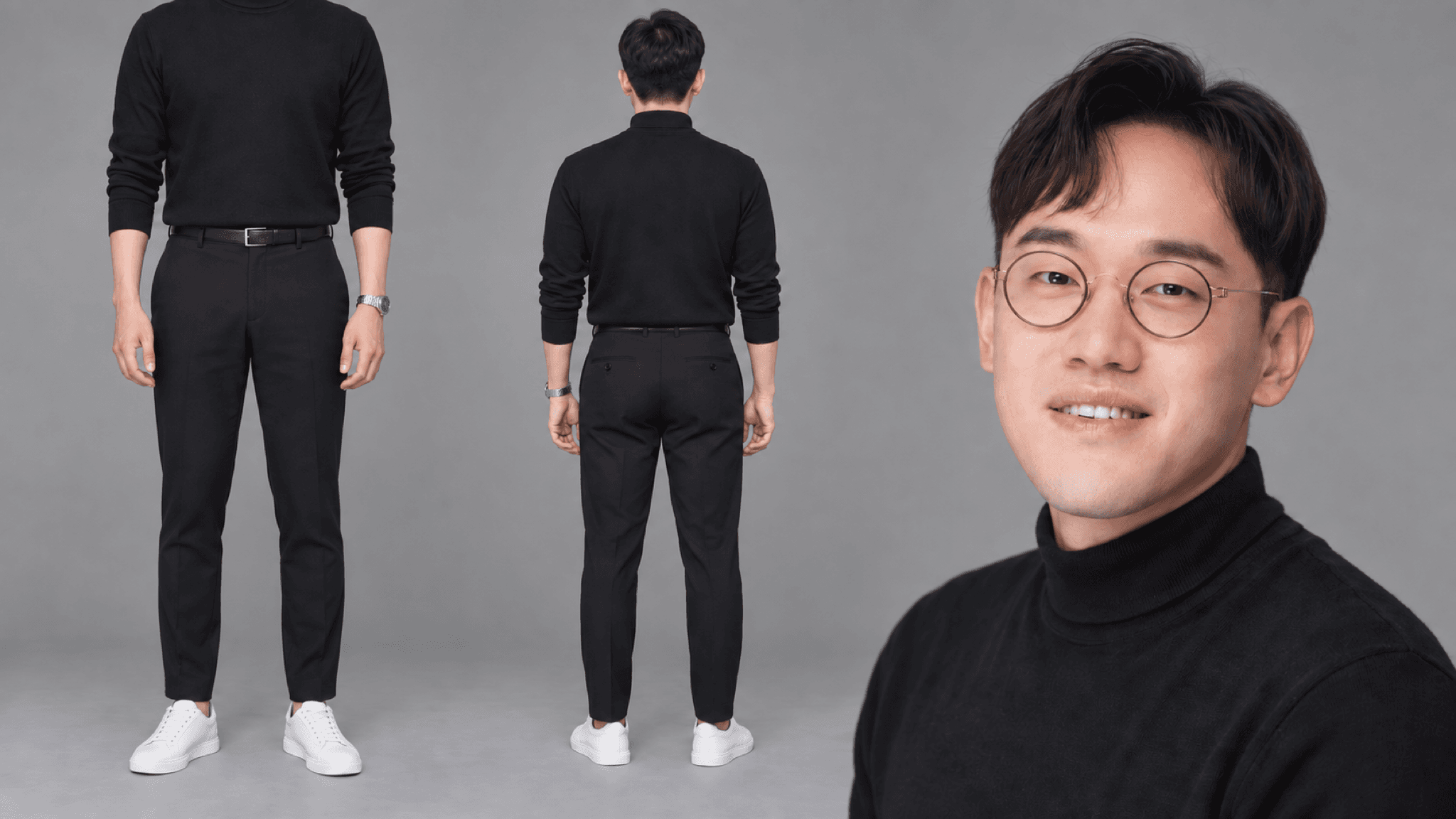 검은 목넥 니트 · 흰 운동화