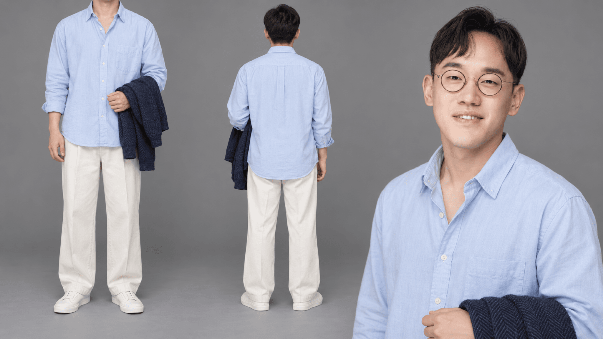 하늘색 옥스퍼드 셔츠 · 재킷을 든 버전