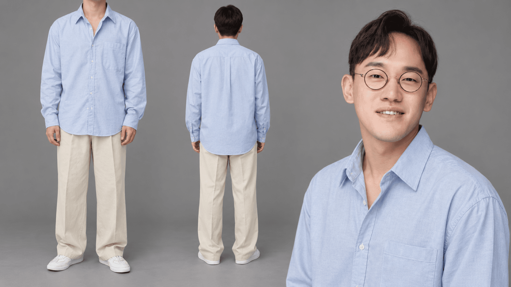 하늘색 옥스퍼드 셔츠 · 크림 치노