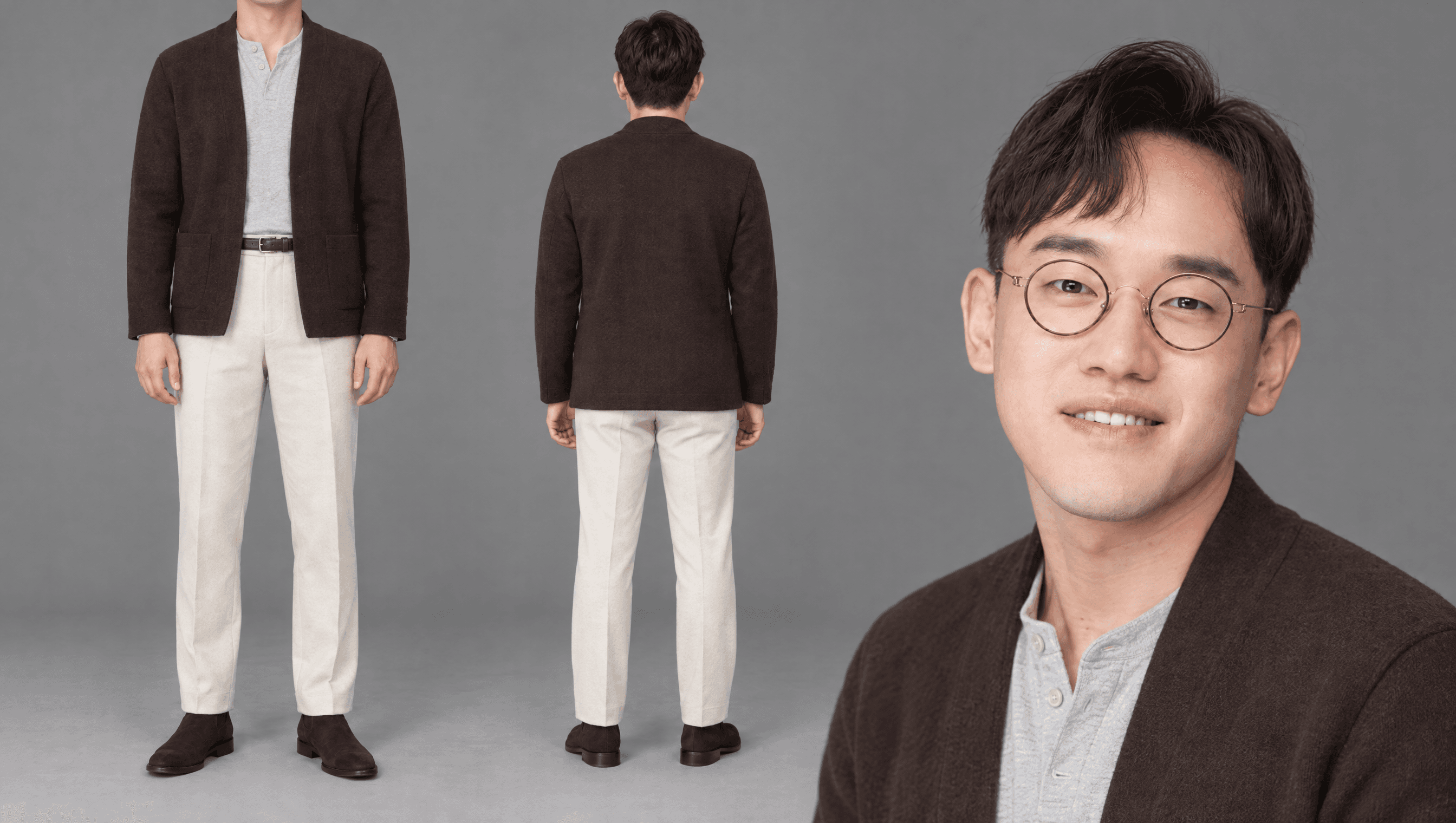 다크 브라운 코디건 · 회색 헨리넥 · 에크루 슬랙스