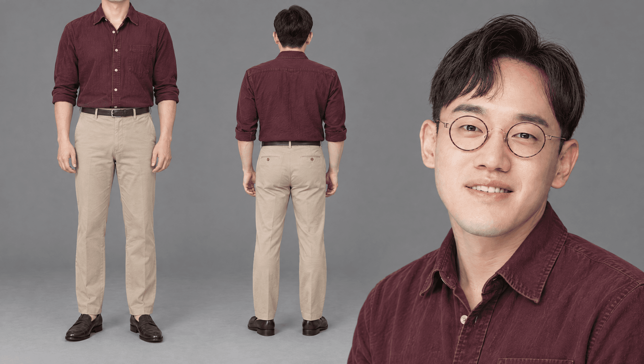 워싱 버건디 셔츠 · 베이지 치노 · 버클 벨트