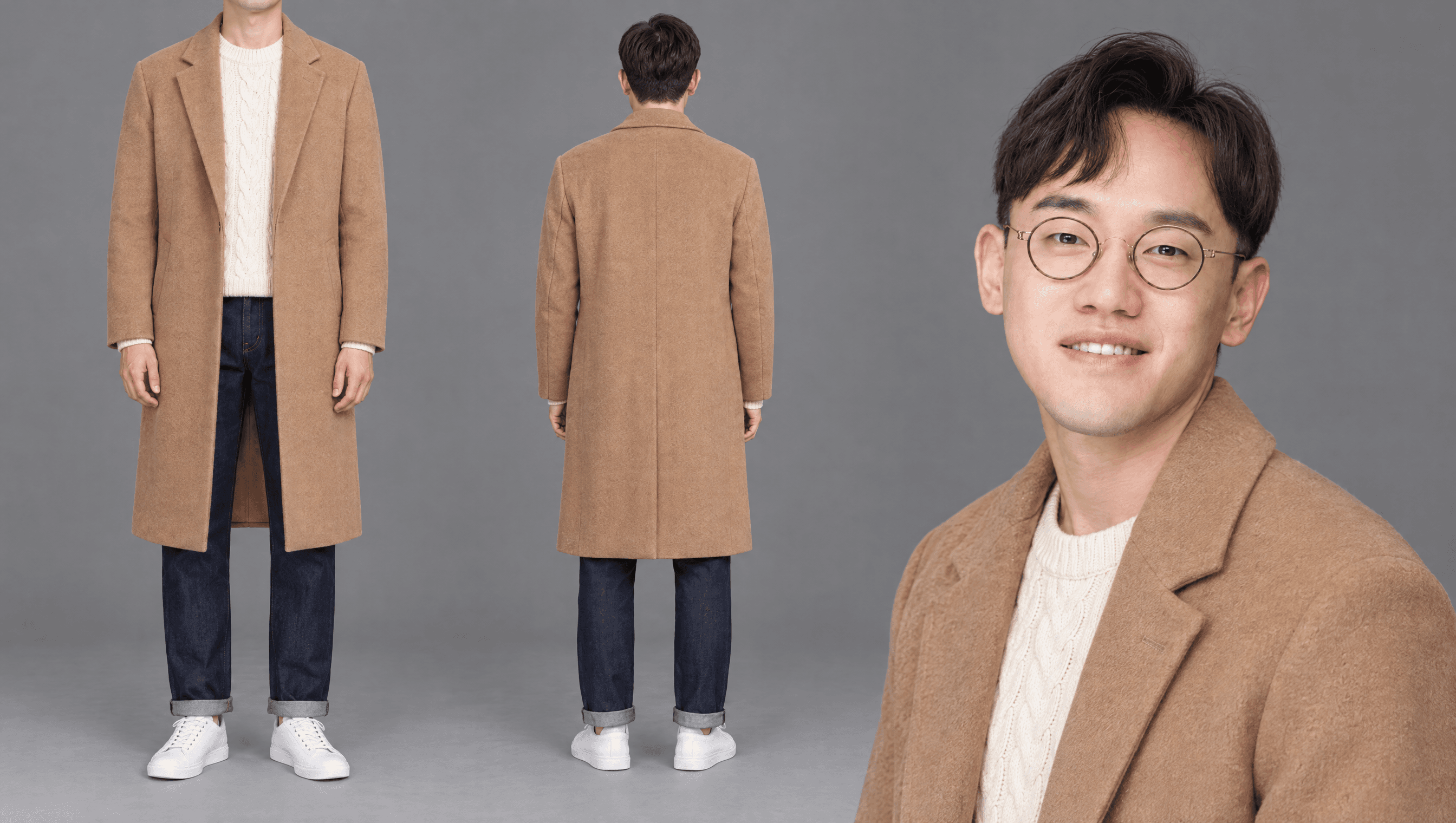 카멜 코트 · 크림 케이블 니트 · 인디고 데님