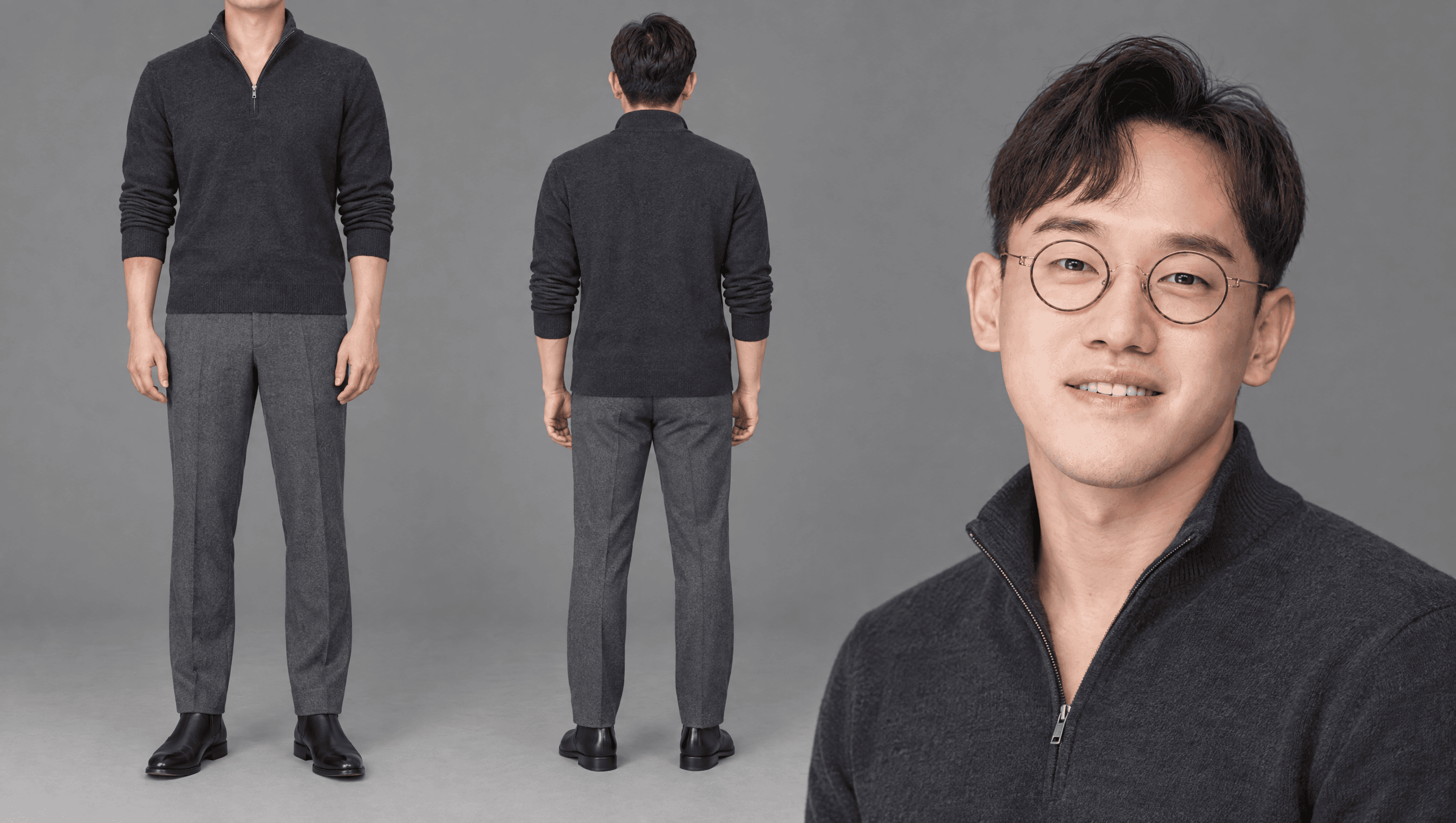 차콜 하프집업 니트 · 회색 플란넬 슬랙스
