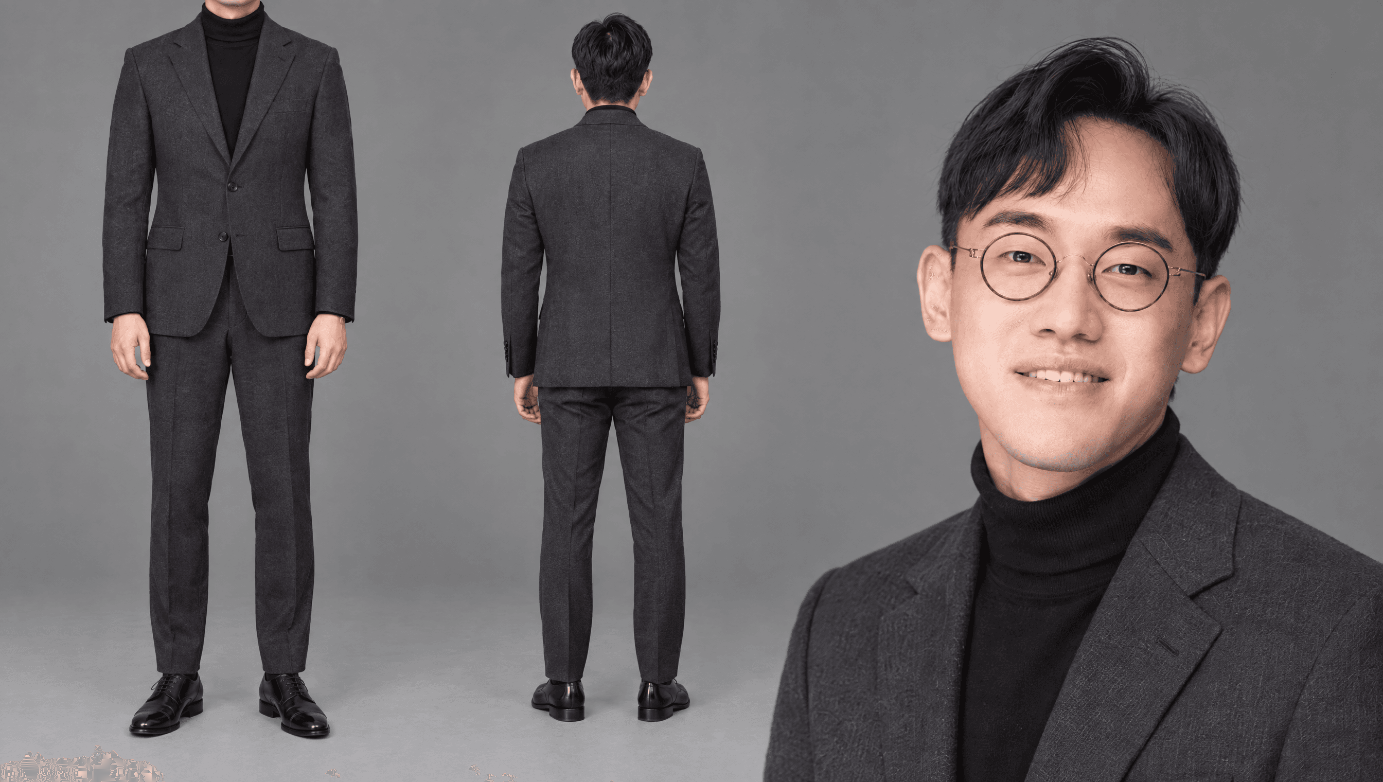 차콜 수트 · 블랙 터틀넥