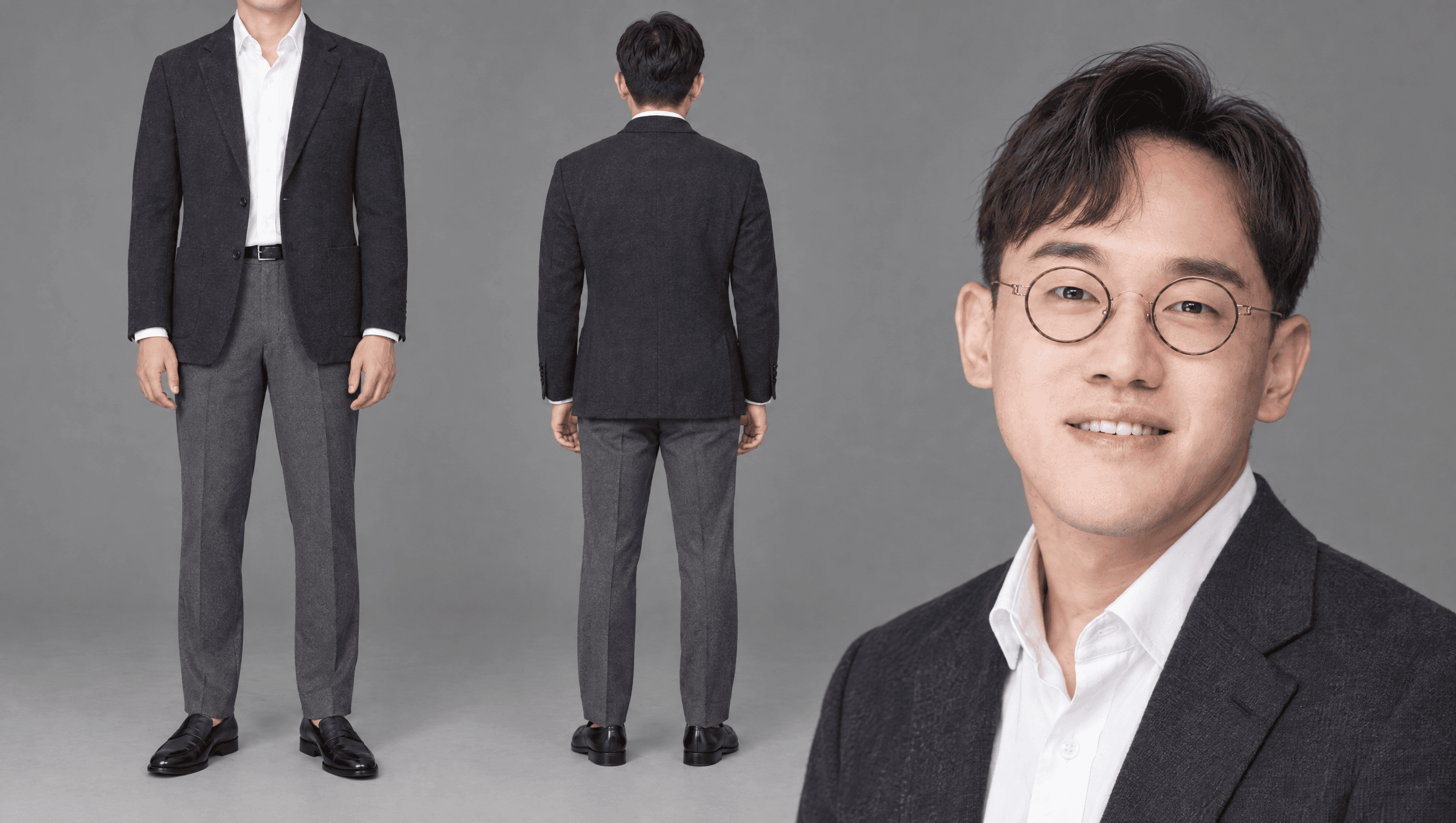 차콜 니트 블레이저 · 화이트 옥스퍼드 · 회색 슬랙스