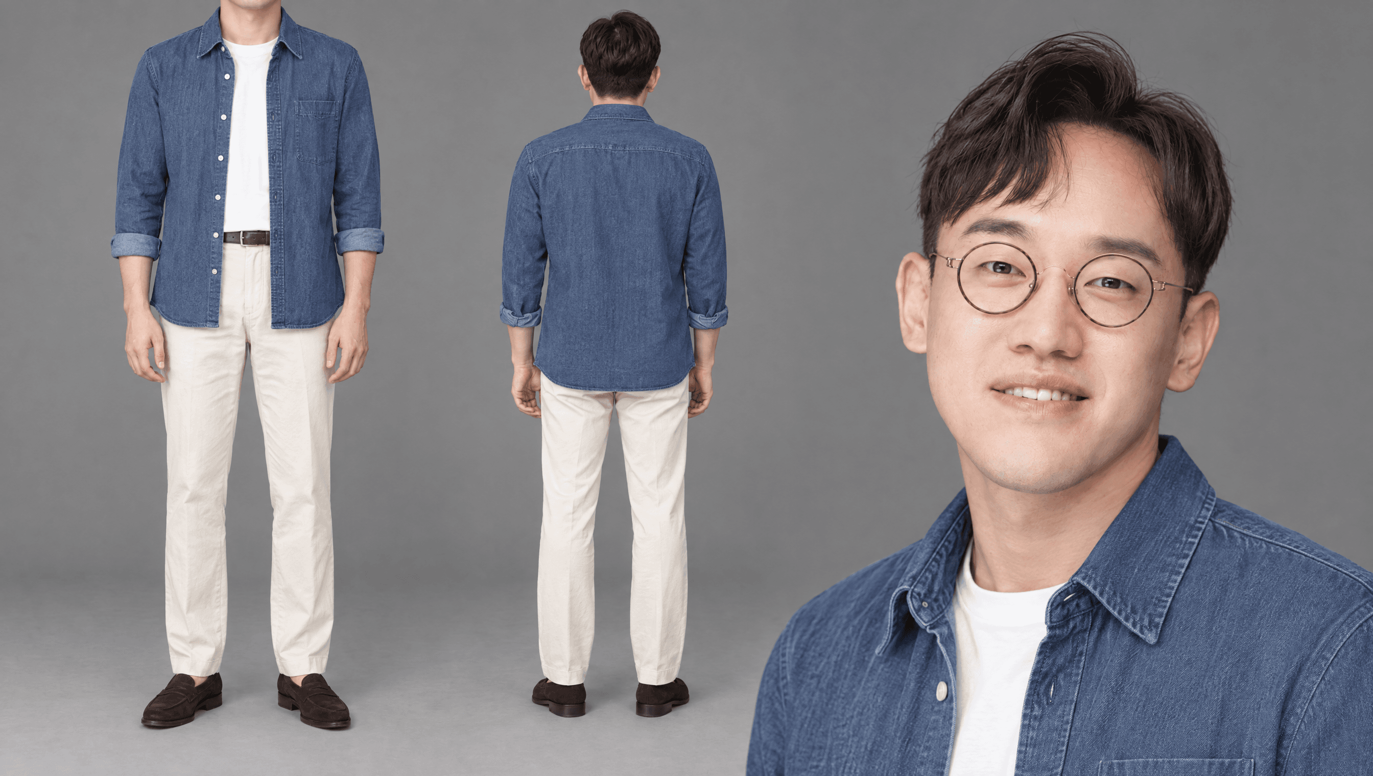 인디고 데님 셔츠 열어 입음 · 흰 티 · 에크루 팬츠