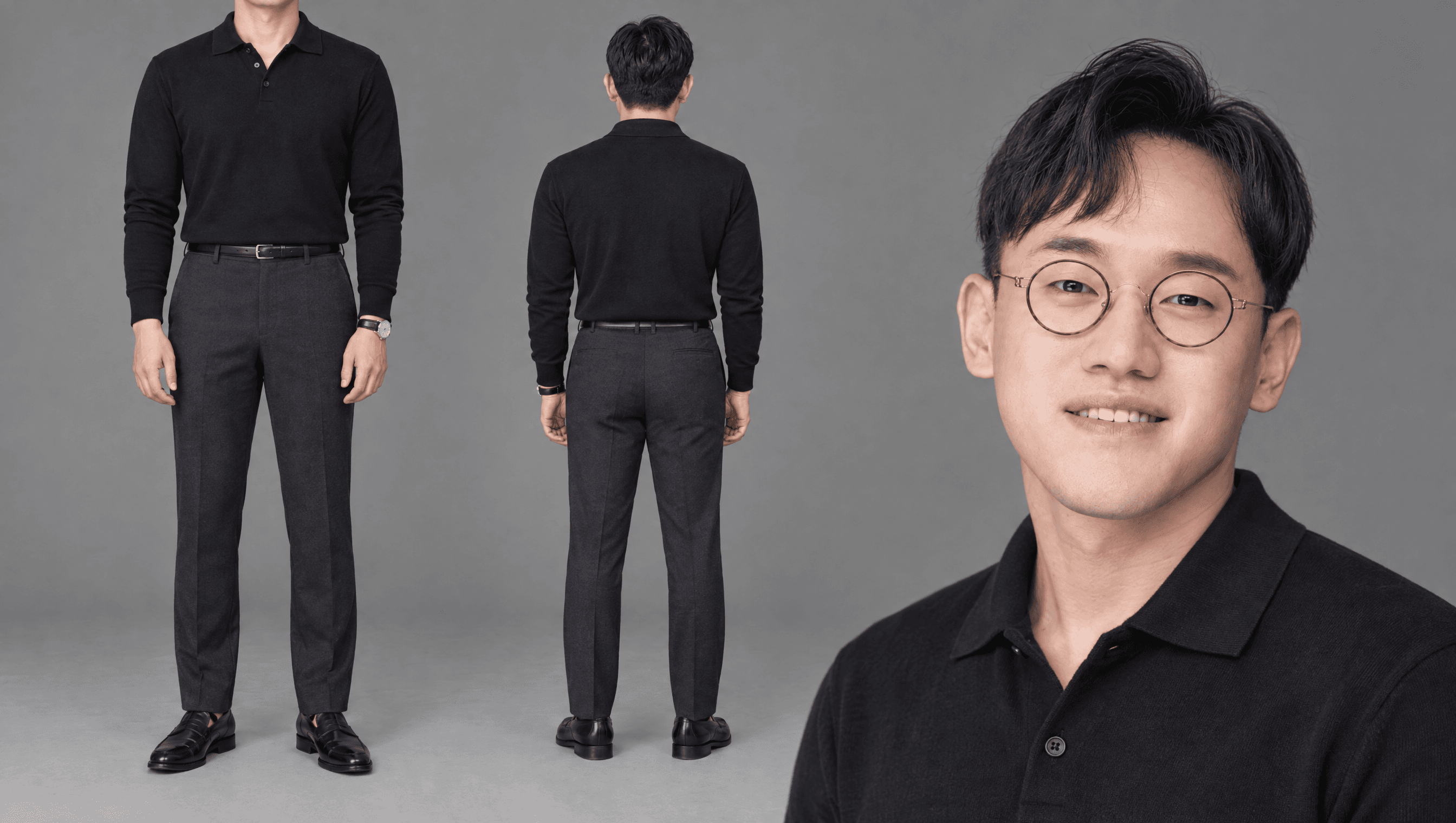 블랙 니트 폴로 · 차콜 슬랙스 · 블랙 로퍼