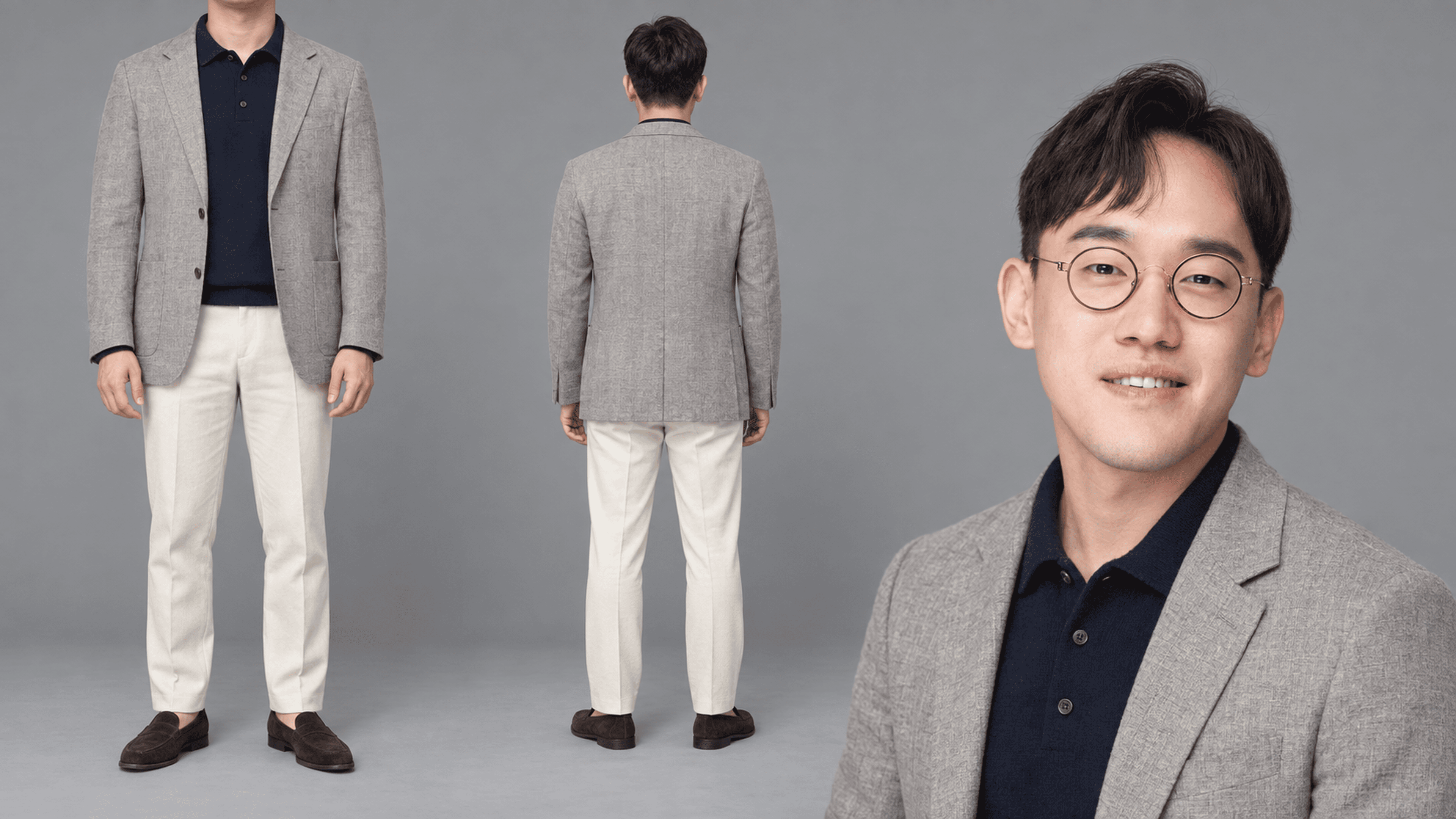 회색 재킷 · 네이비 니트 폴로