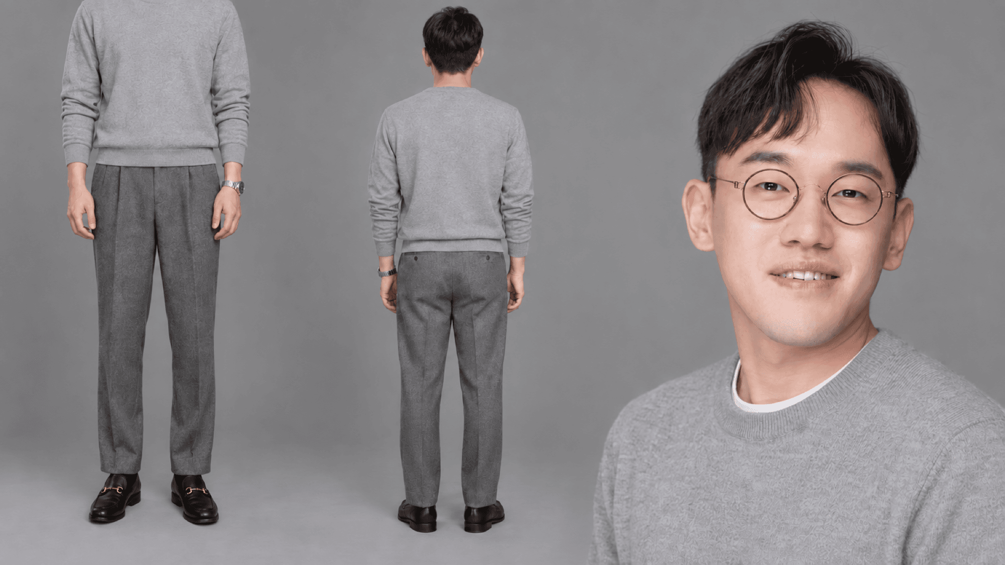 회색 캐시미어 니트 · 회색 팬츠
