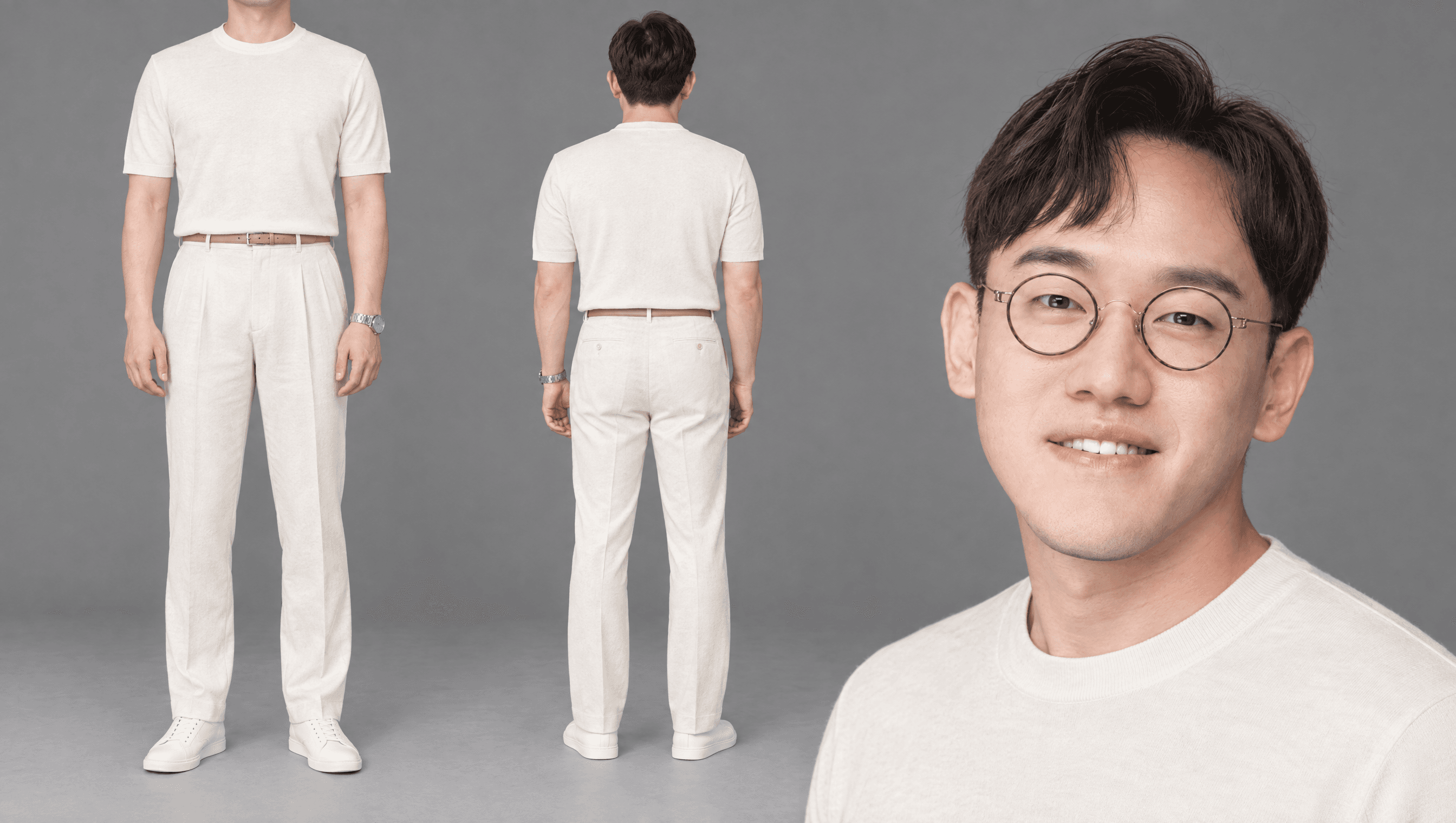 에크루 니트 티 · 에크루 플리츠 팬츠 · 흰 스니커즈