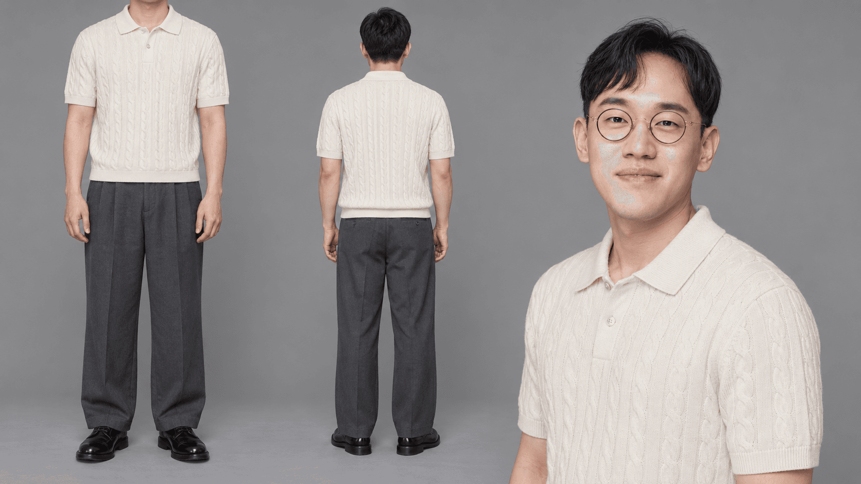 크림 케이블 니트 폴로 · 차콜 슬랙스