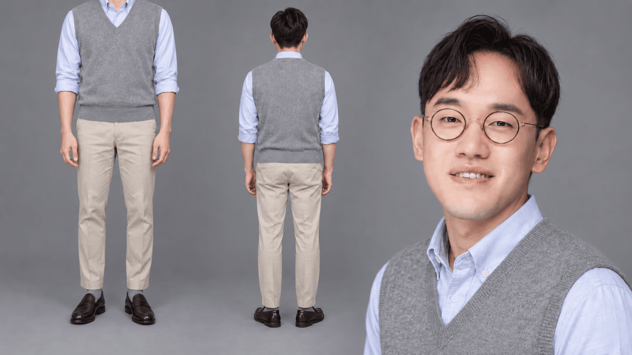 회색 니트 베스트 · 하늘색 셔츠