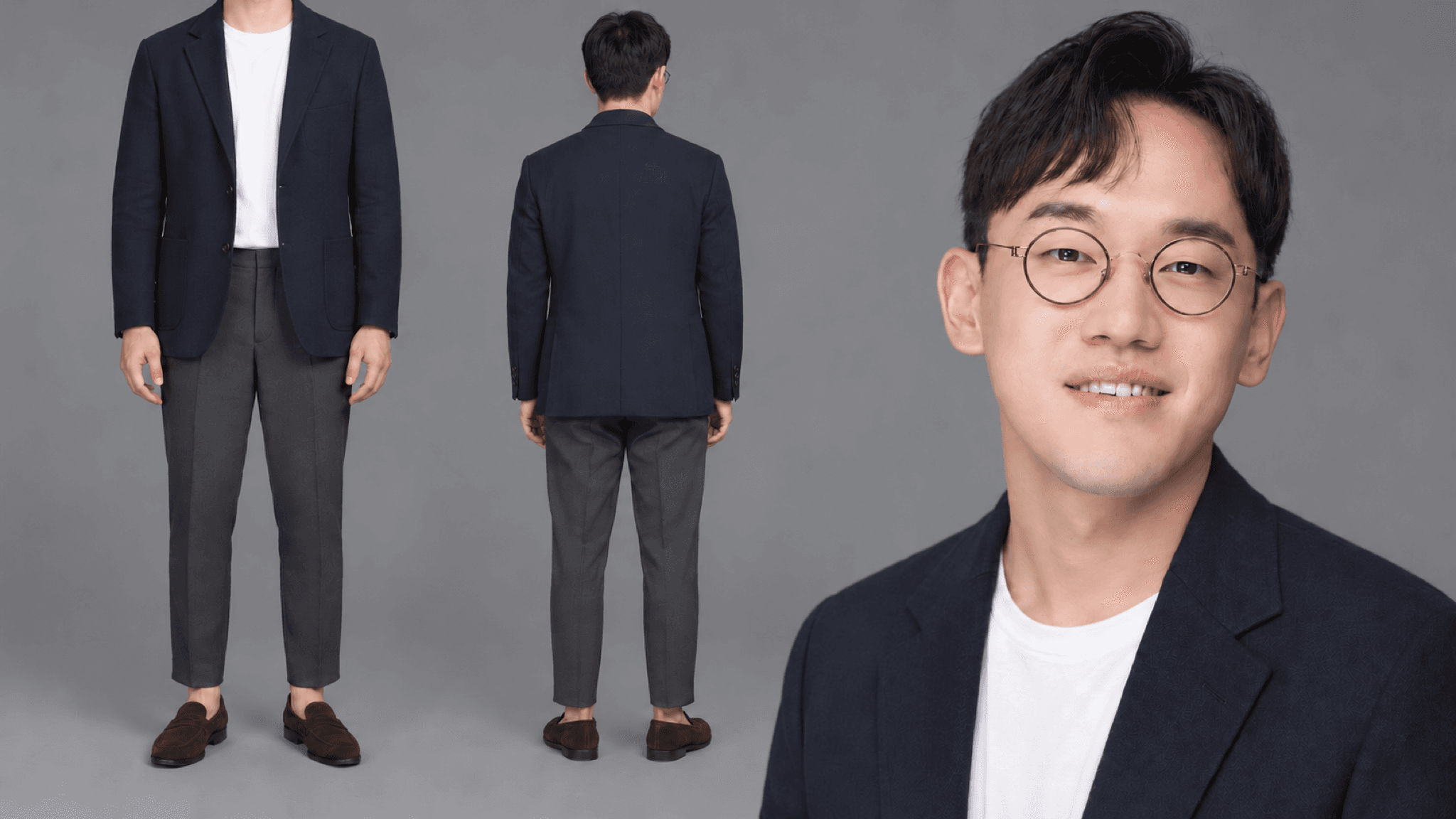 네이비 블레이저 · 흰 티셔츠
