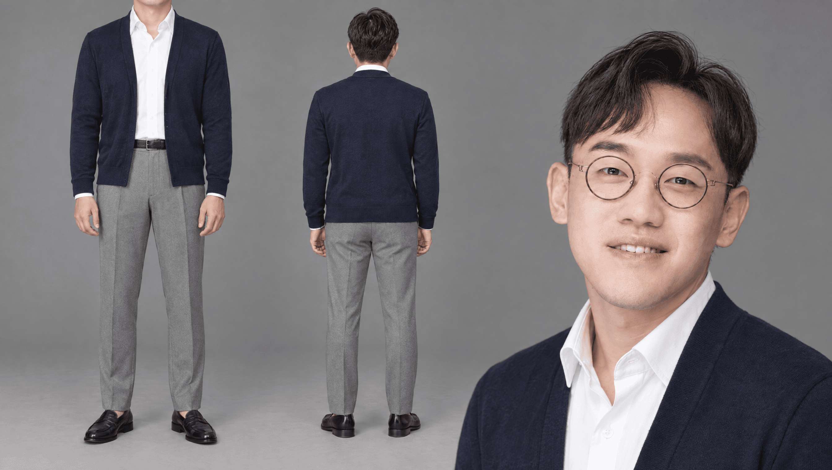 네이비 V넥 카디건 · 흰 셔츠 · 라이트 그레이 슬랙스