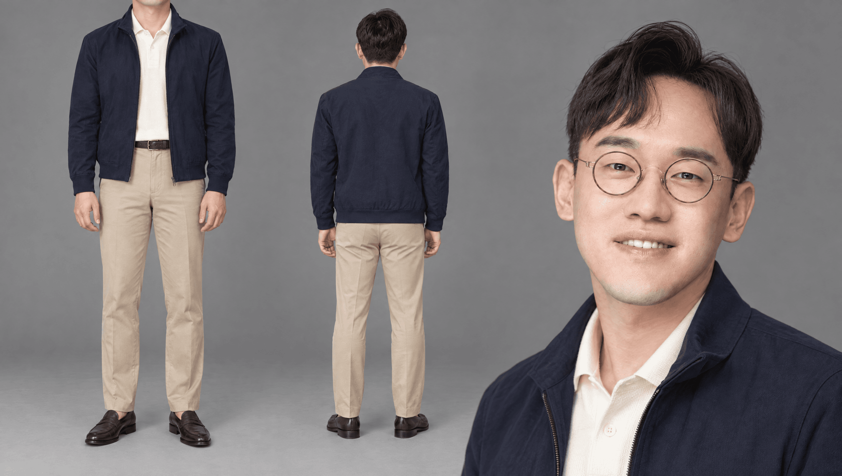 네이비 해링턴 열어 입음 · 에크루 니트 폴로 · 베이지 치노