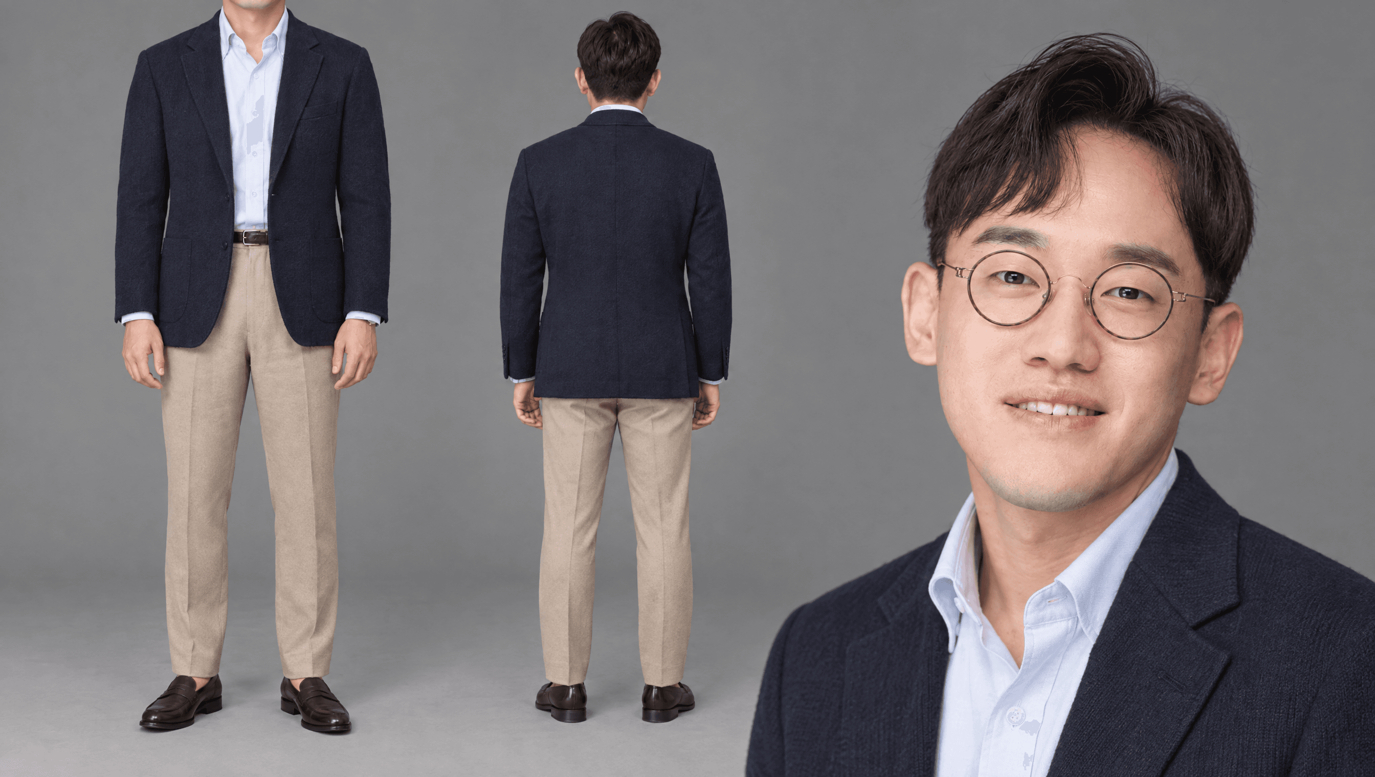 네이비 니트 블레이저 · 하늘색 옥스퍼드 · 베이지 슬랙스