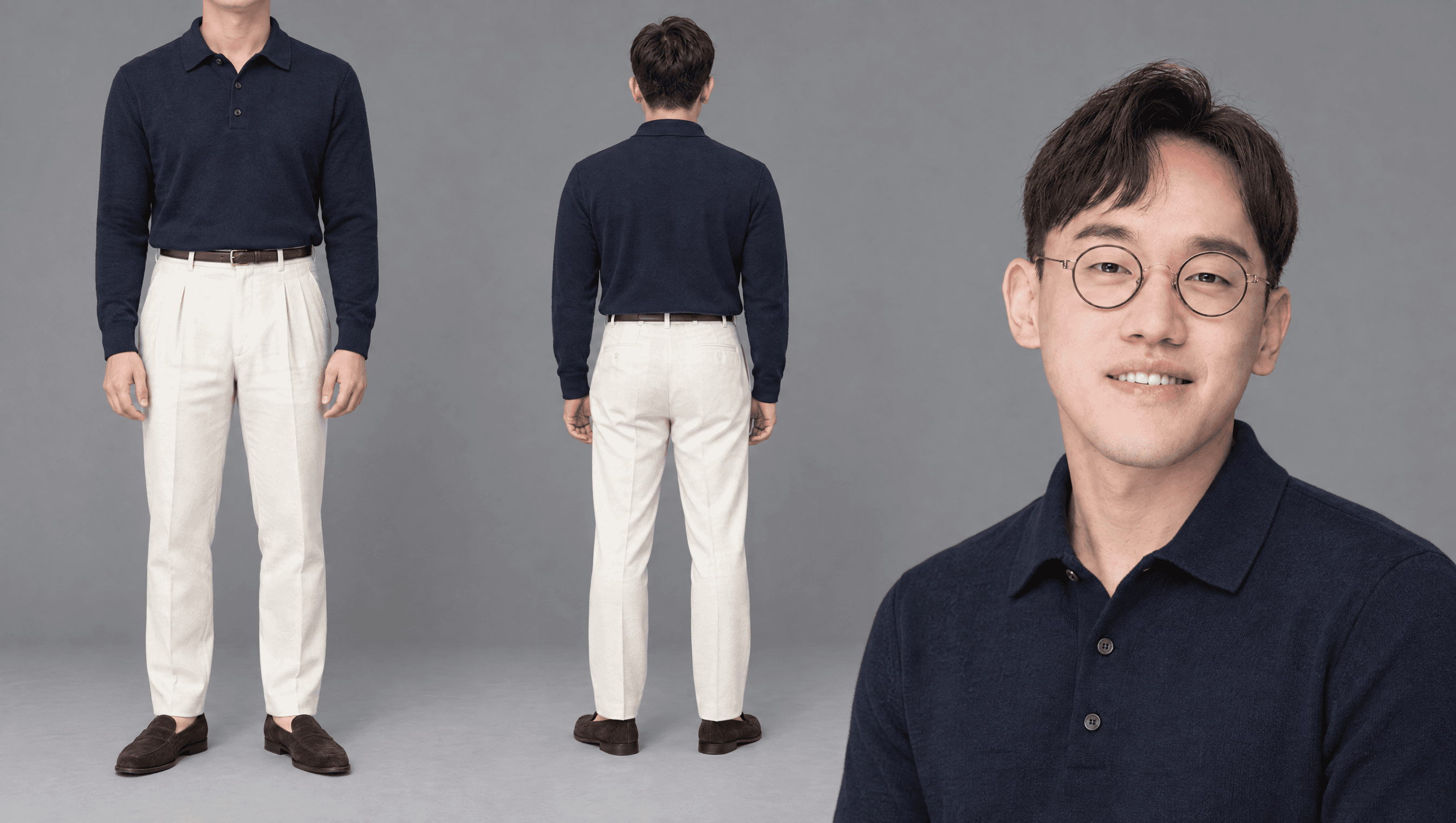네이비 니트 폴로 · 에크루 플리츠 슬랙스