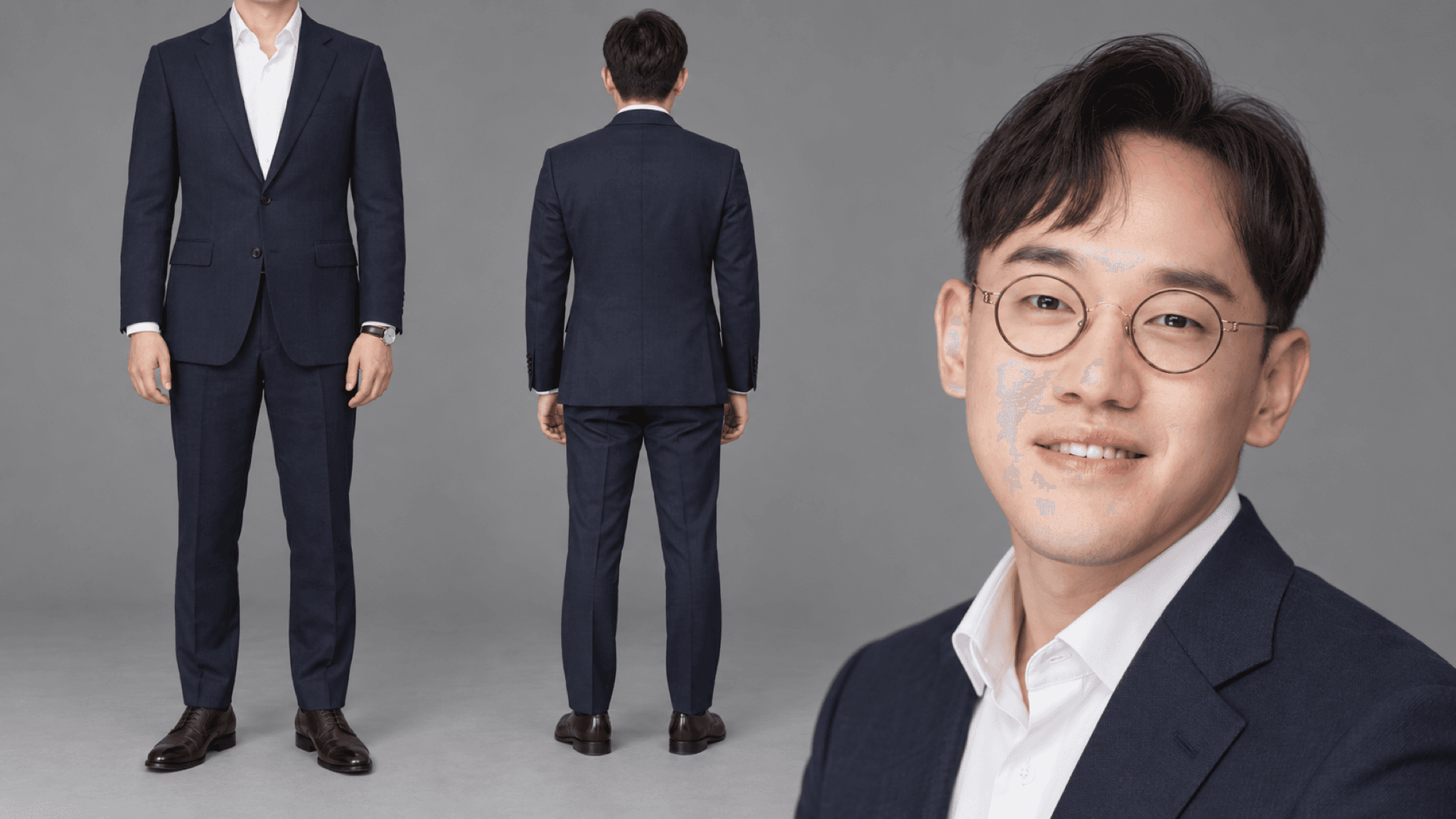 네이비 수트 · 오픈 칼라 셔츠