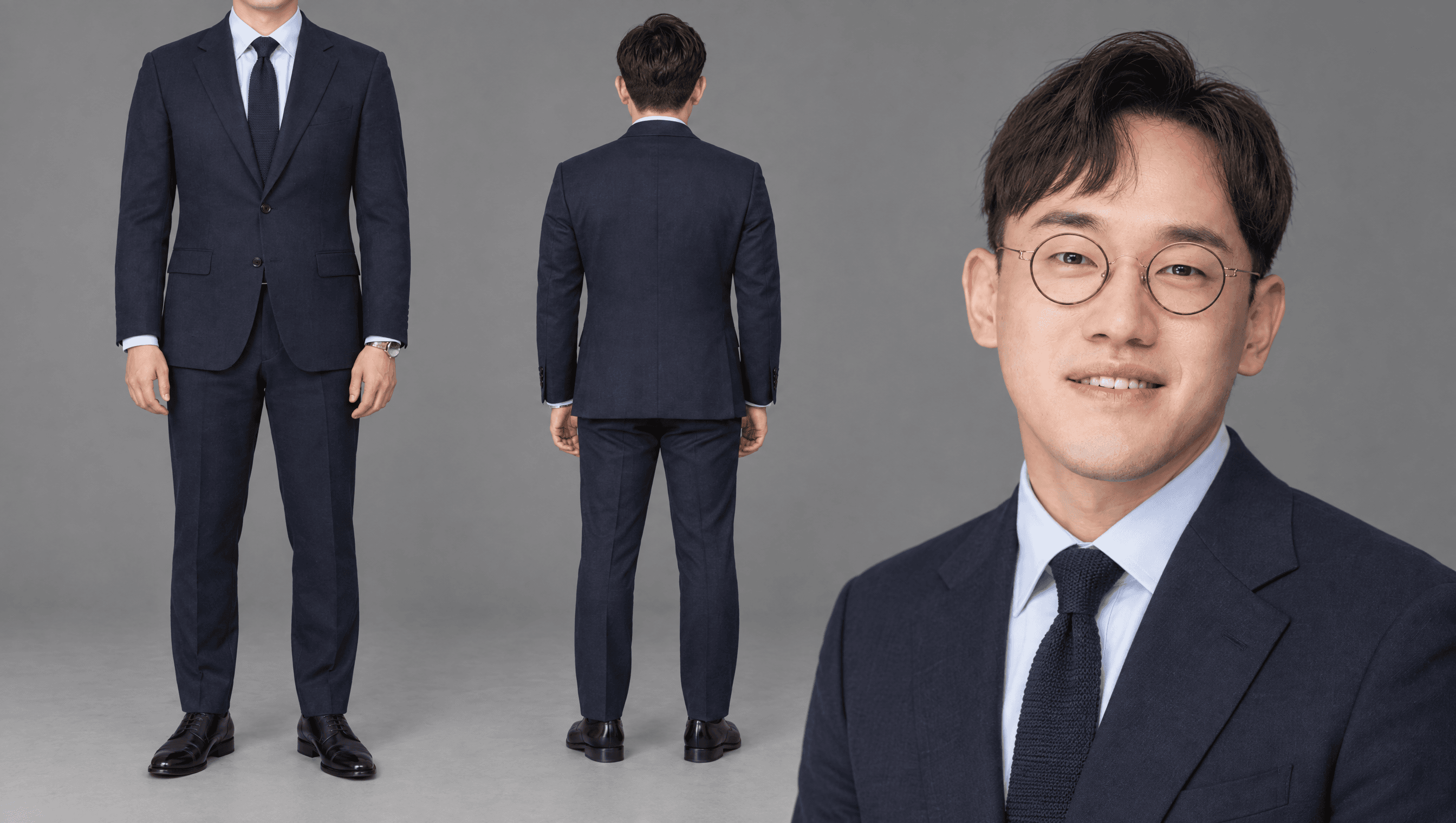네이비 수트 · 하늘색 셔츠 · 네이비 니트 타이
