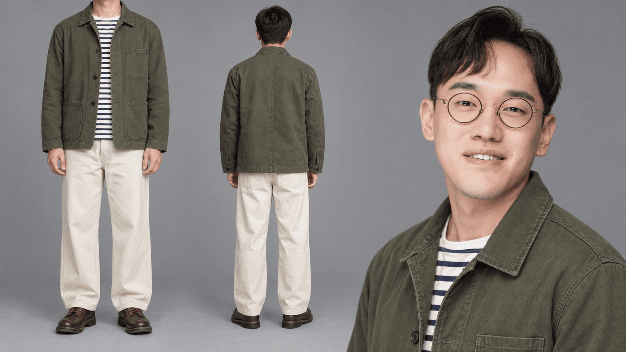 올리브 초어 재킷 · 줄무늬 이너