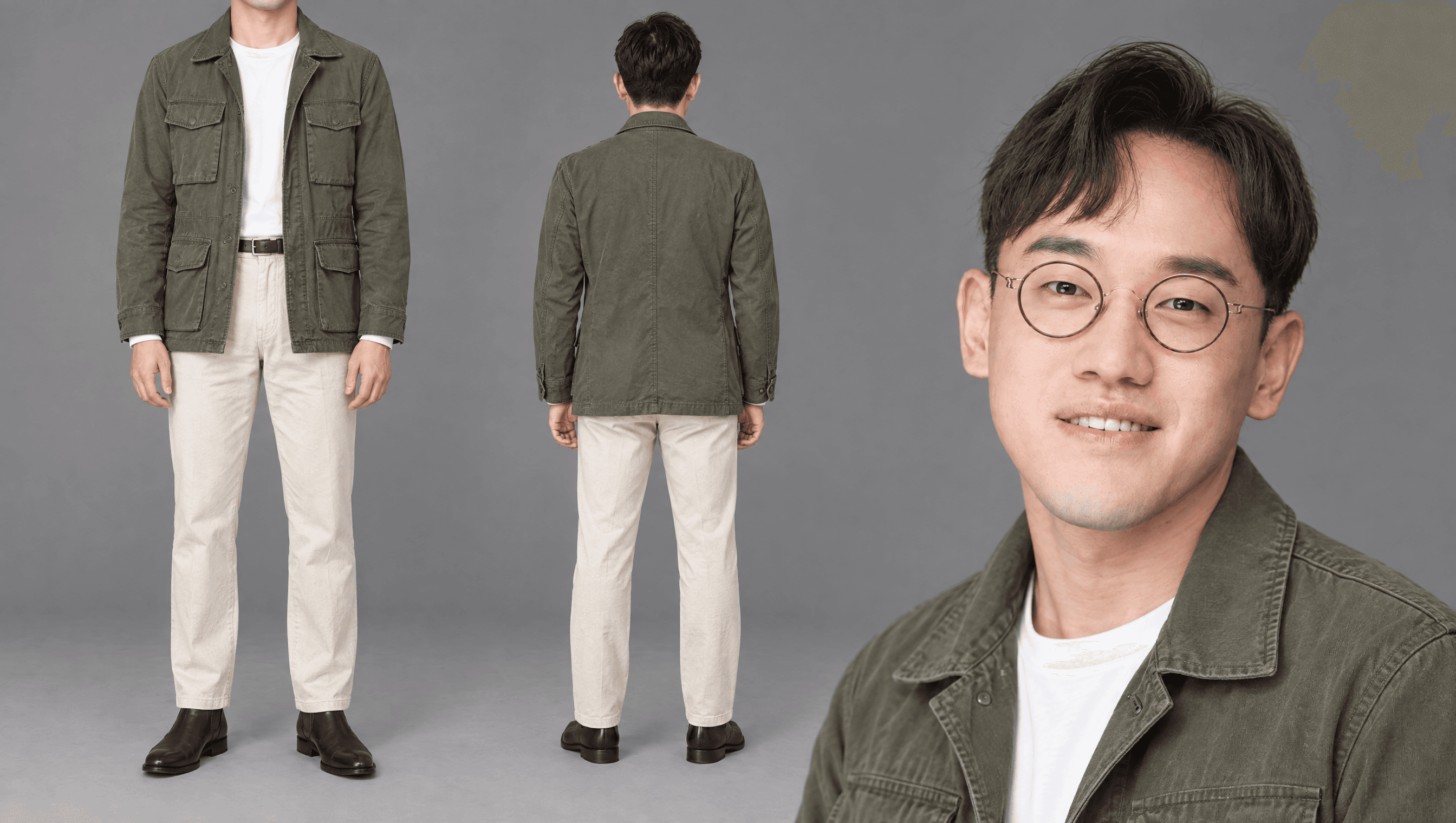 워싱 올리브 M65 · 흰 롱슬리브 · 에크루 워싱 팬츠