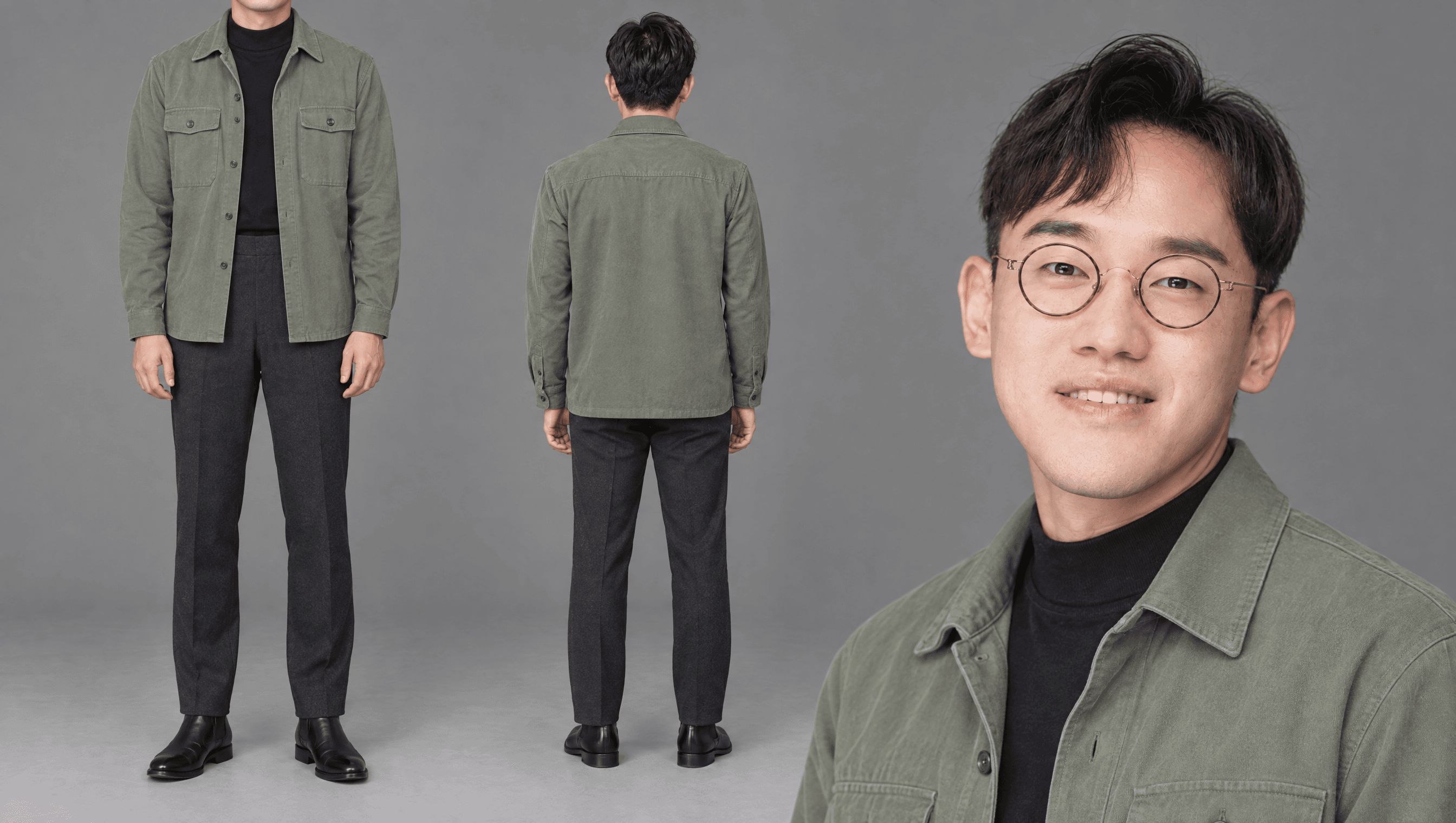 세이지 오버셔츠 · 블랙 목넥 · 차콜 슬랙스
