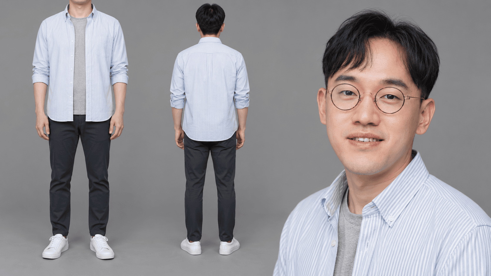 스트라이프 옥스퍼드 셔츠 · 차콜 팬츠