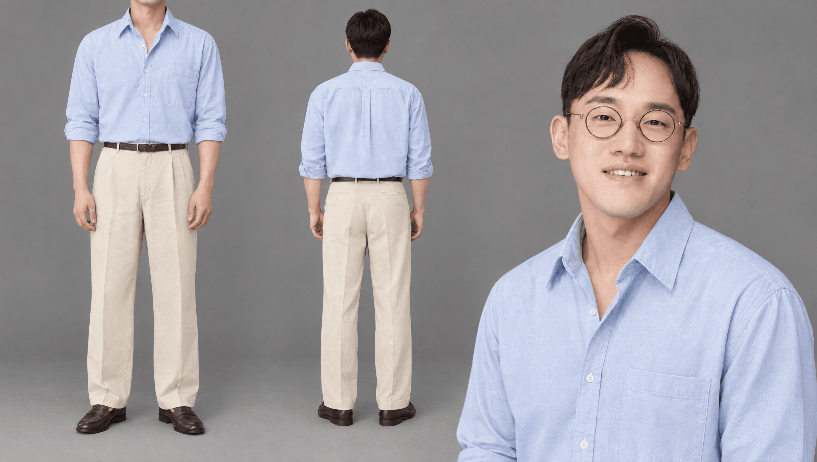 하늘색 셔츠 넣어 입음 · 베이지 플리츠 슬랙스