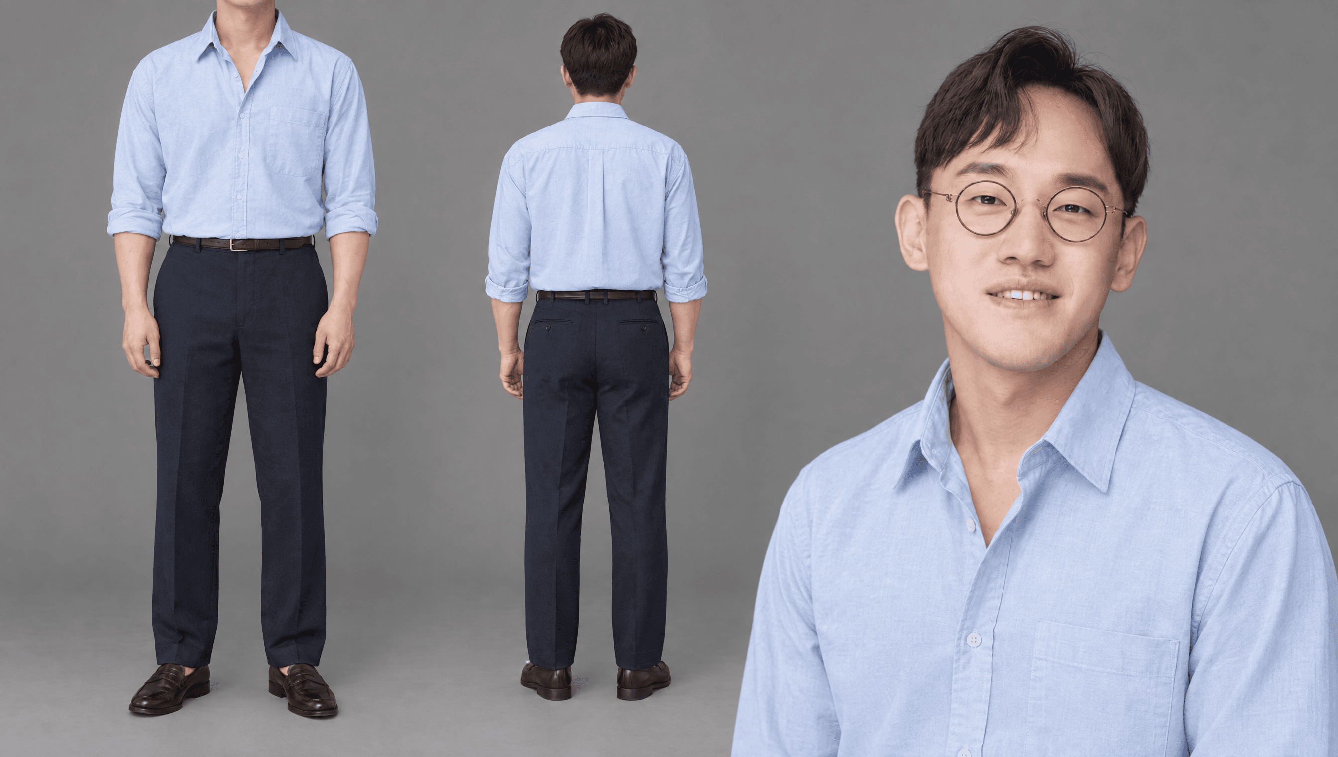 하늘색 셔츠 · 네이비 슬랙스