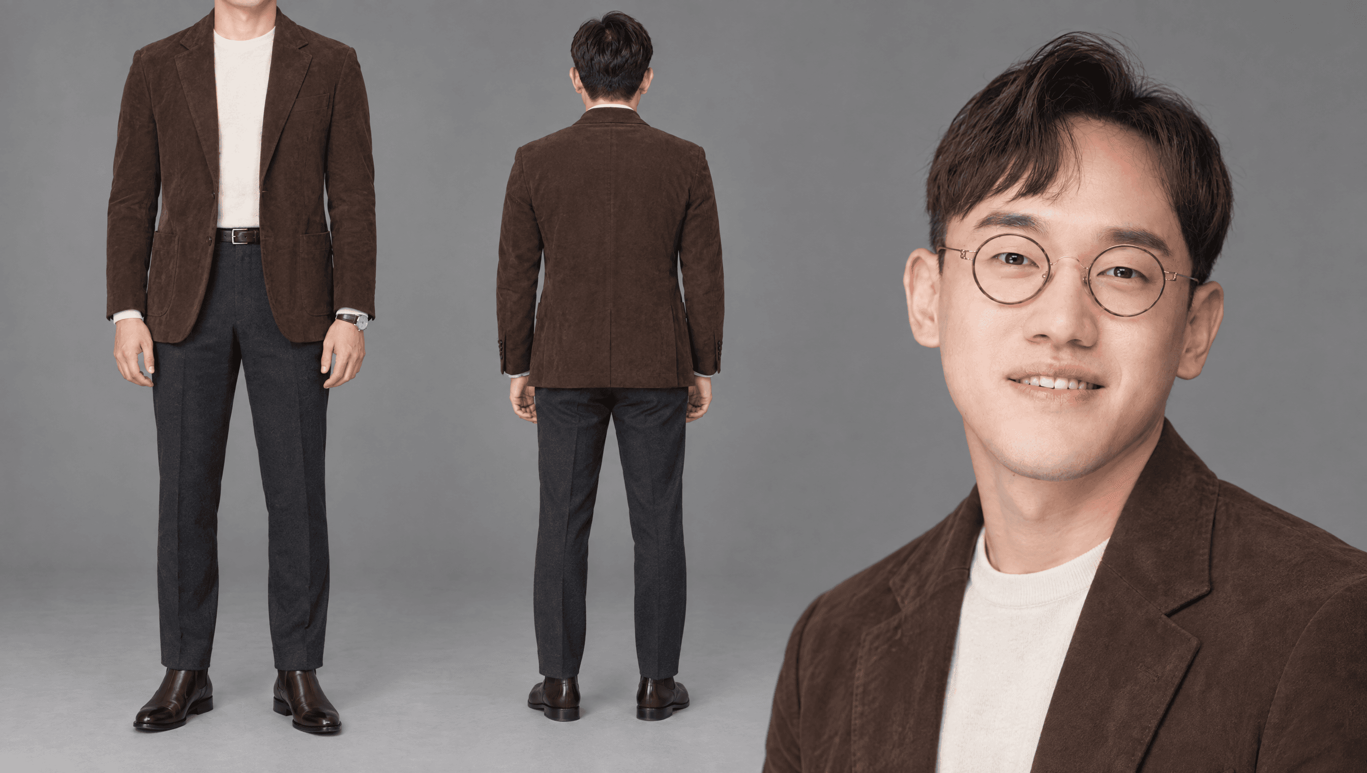 브라운 스웨이드 블레이저 · 에크루 니트 티 · 차콜 슬랙스