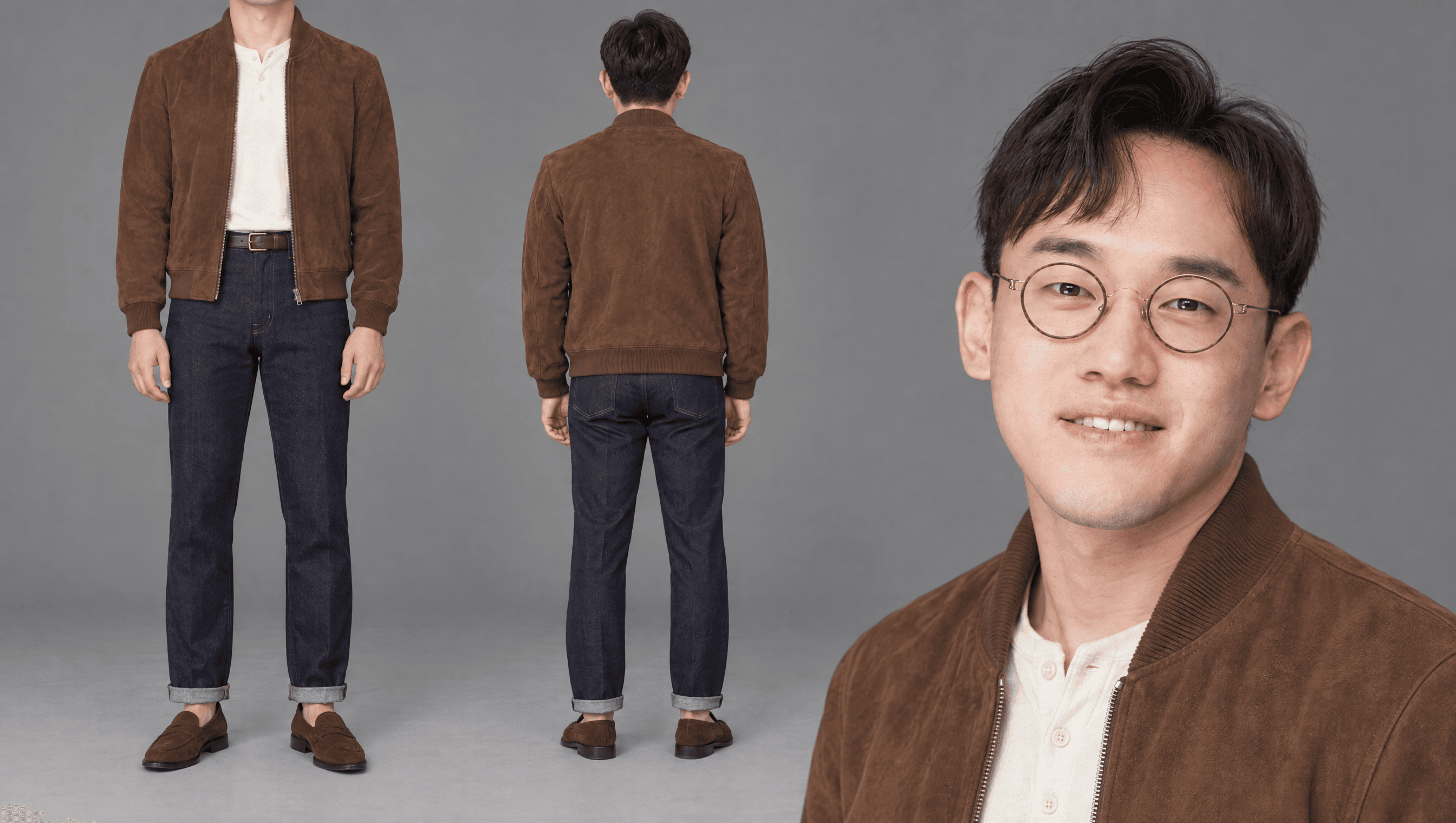 토바코 스웨이드 블루종 · 크림 헨리넥 · 인디고 데님