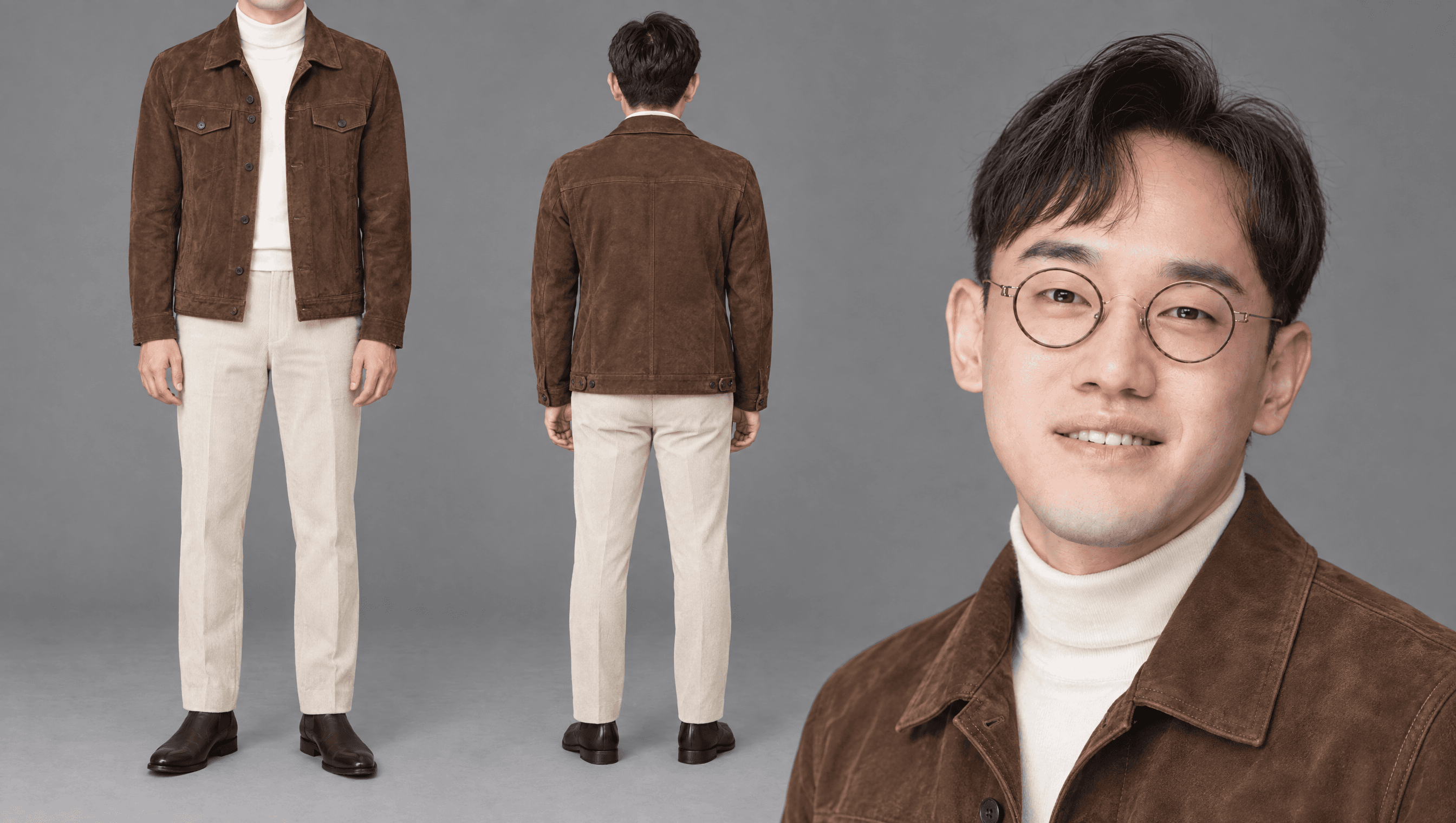토바코 스웨이드 트러커 · 아이보리 터틀넥 · 에크루 코듀로이