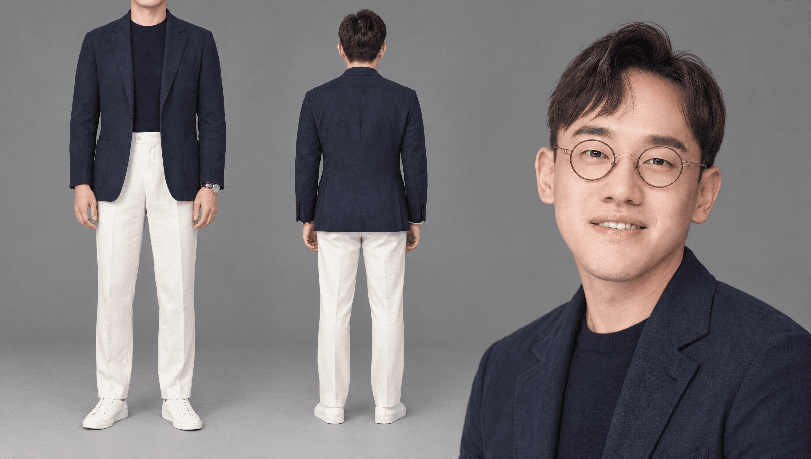네이비 언스트럭처드 블레이저 · 네이비 니트 티 · 에크루 슬랙스