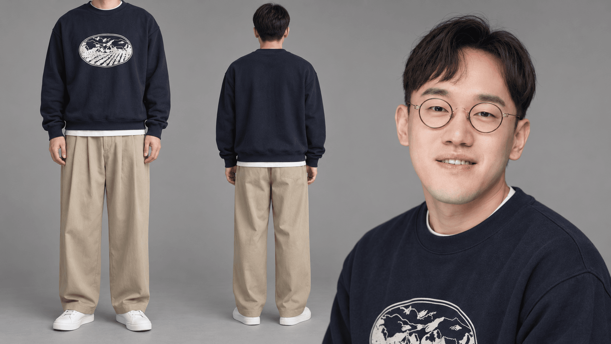 네이비 스웨트셔츠 · 베이지 치노