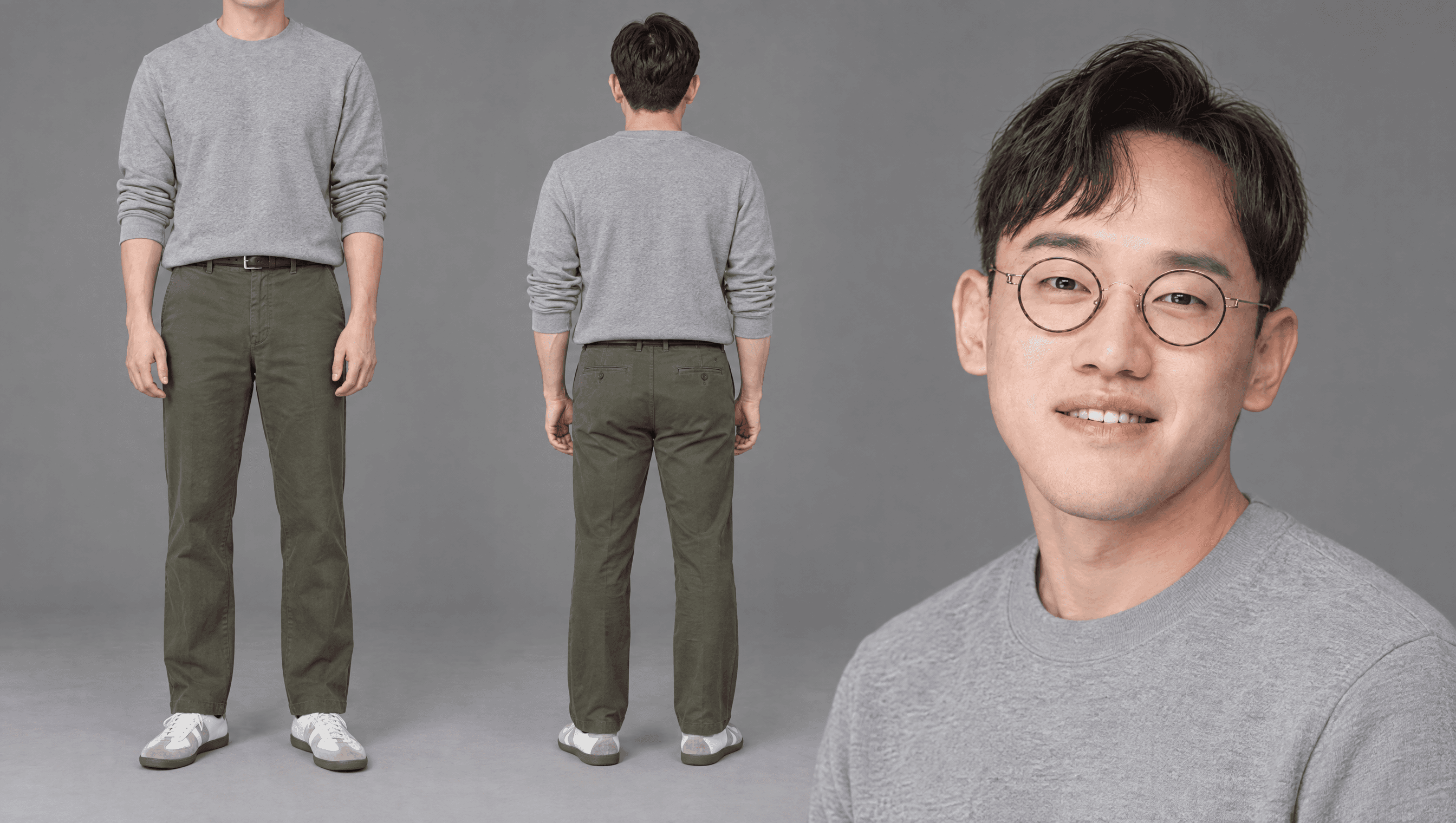 그레이 무지 스웻셔츠 · 올리브 워싱 치노