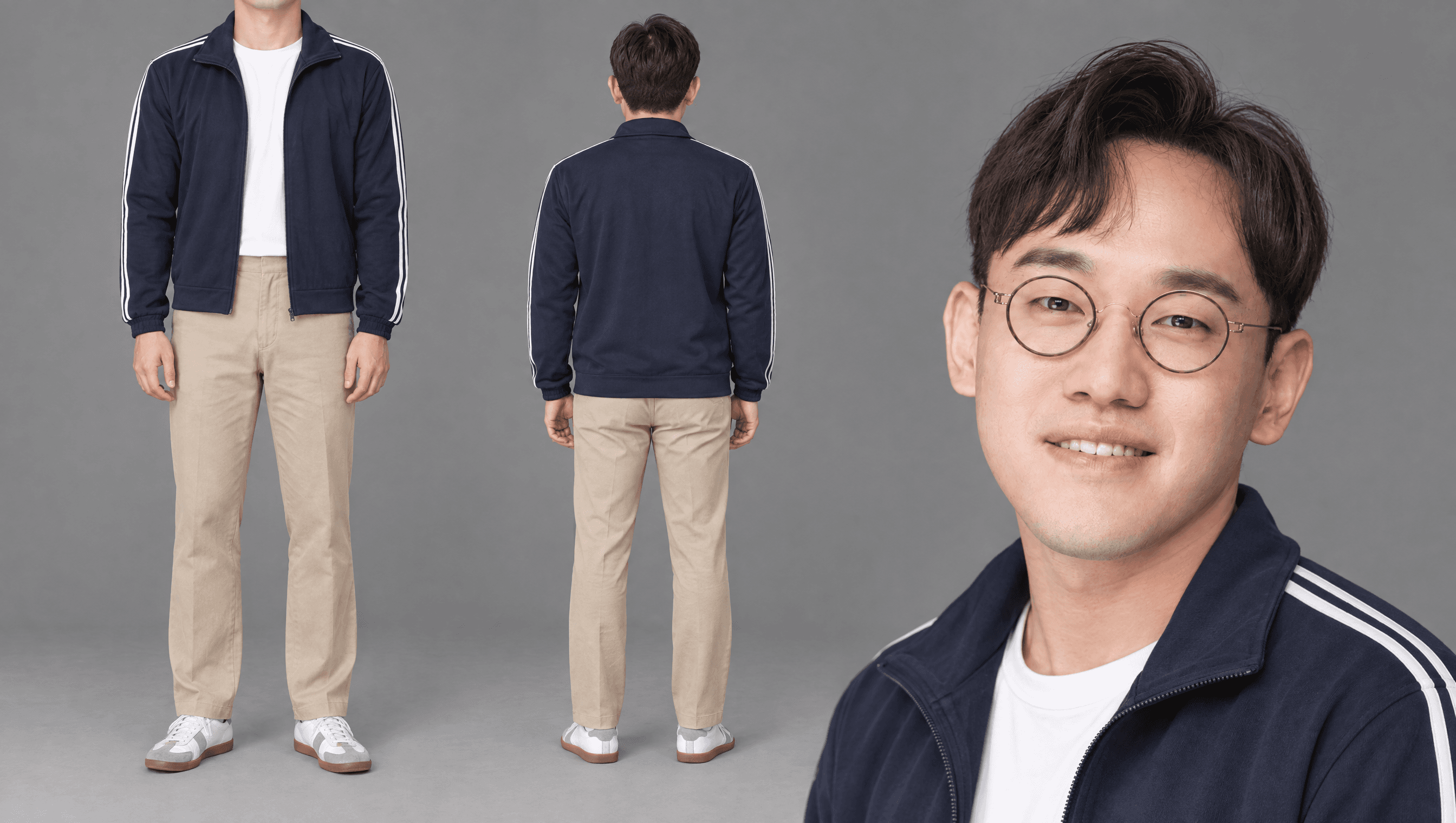 네이비 트랙 재킷 · 흰 티 · 베이지 워싱 치노