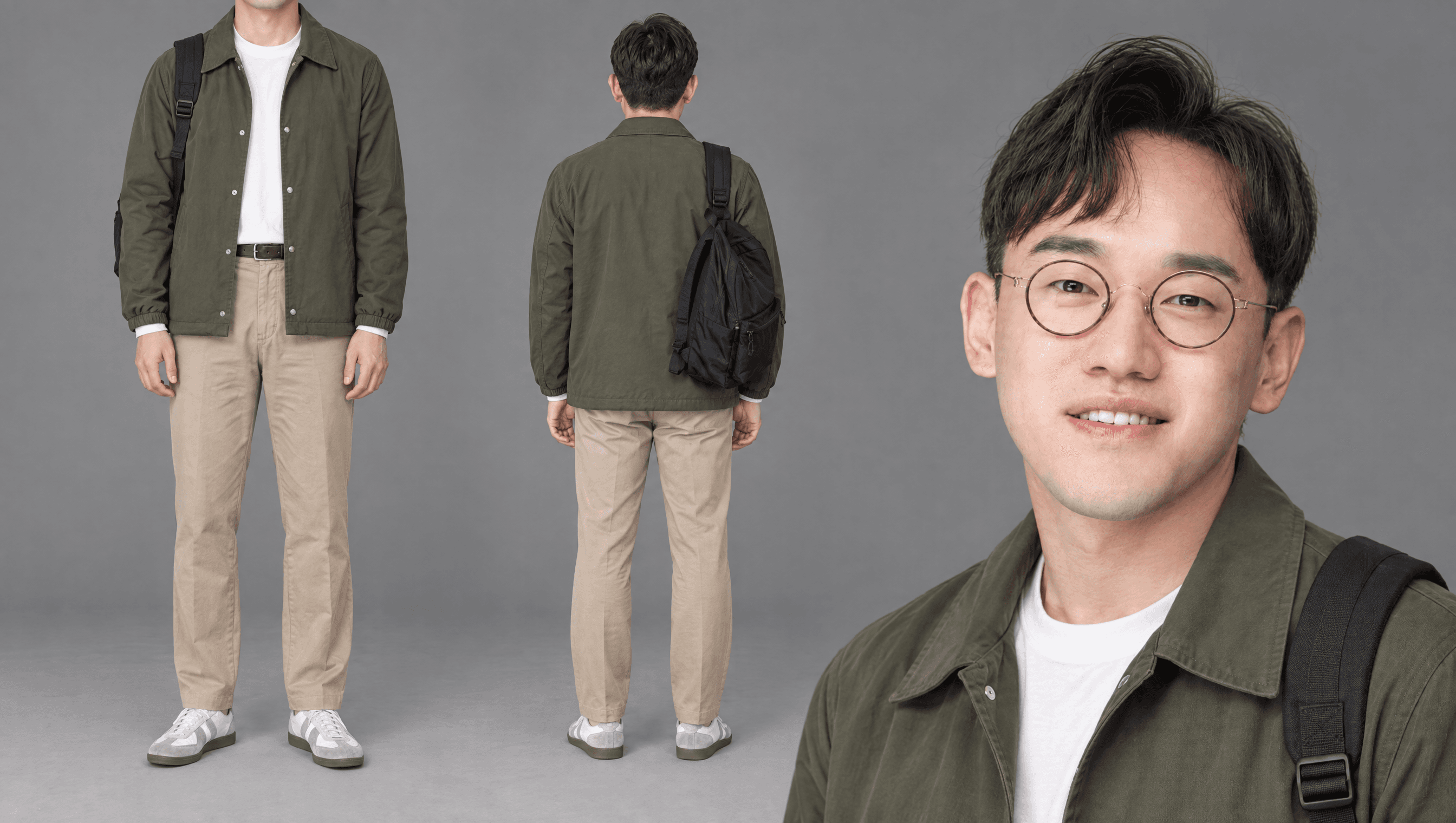 올리브 코치 재킷 · 흰 롱슬리브 · 베이지 워싱 치노 · 백팩 한쪽 어깨