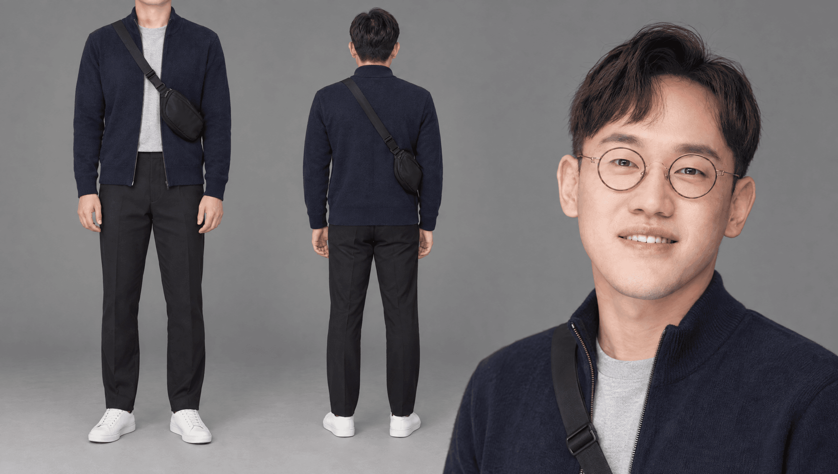 네이비 집업 니트 카디건 · 그레이 티 · 블랙 테크 팬츠 · 크로스백