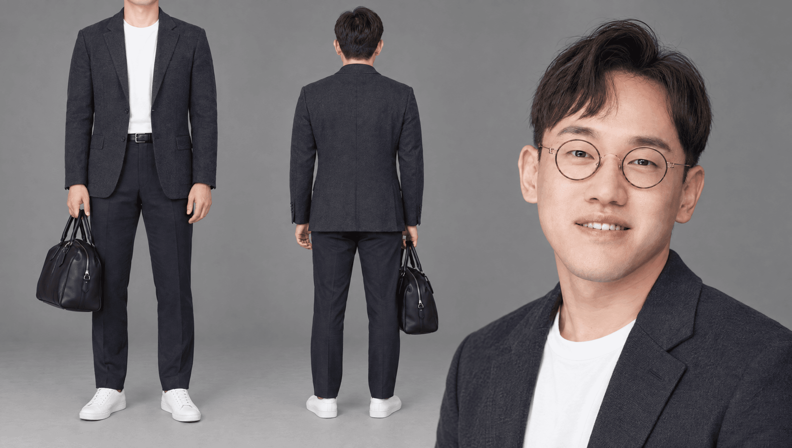 차콜 니트 트래블 블레이저 · 흰 티 · 네이비 테크 팬츠 · 위켄더
