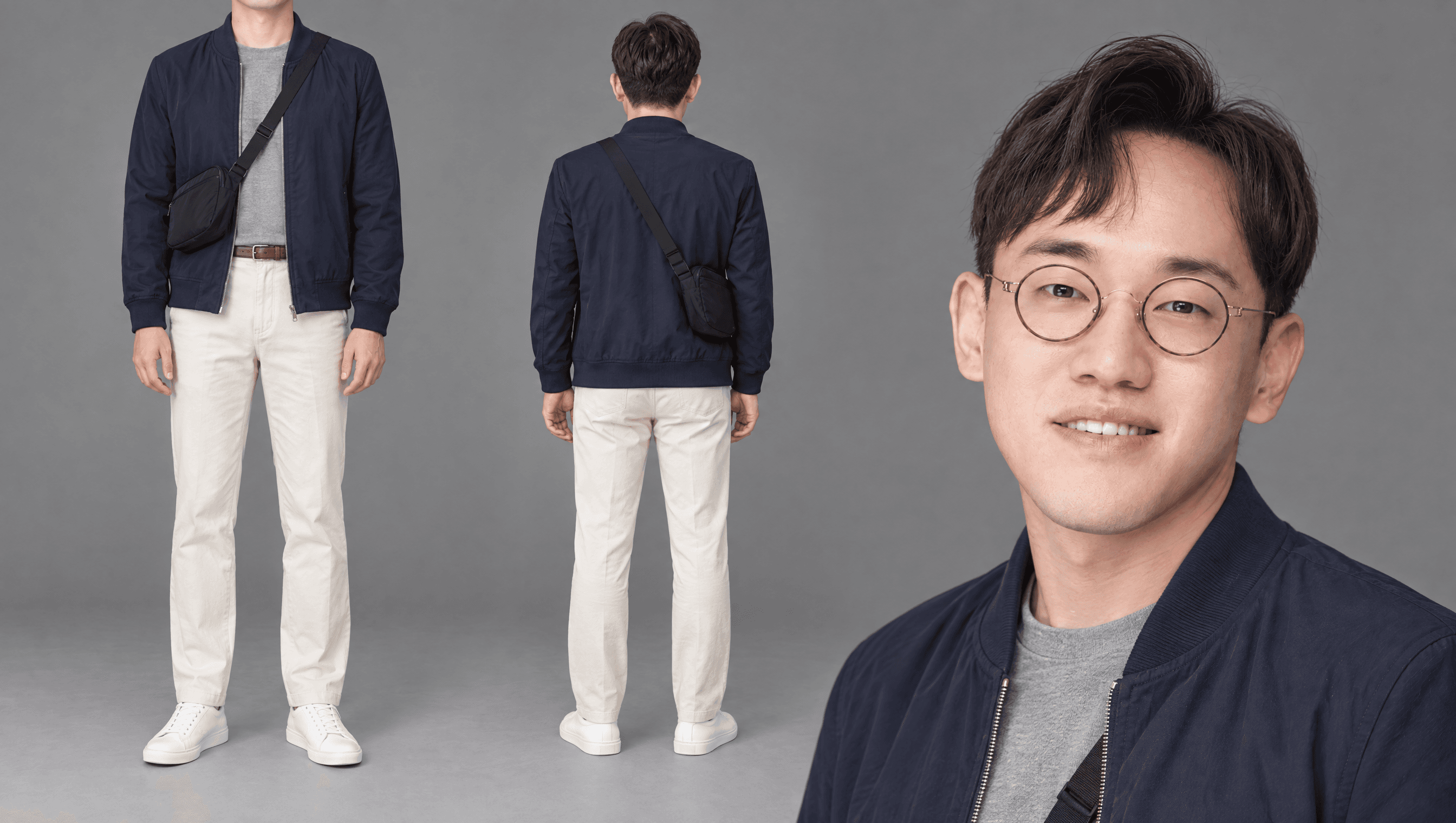네이비 나일론 블루종 · 그레이 니트 티 · 에크루 치노 · 크로스백