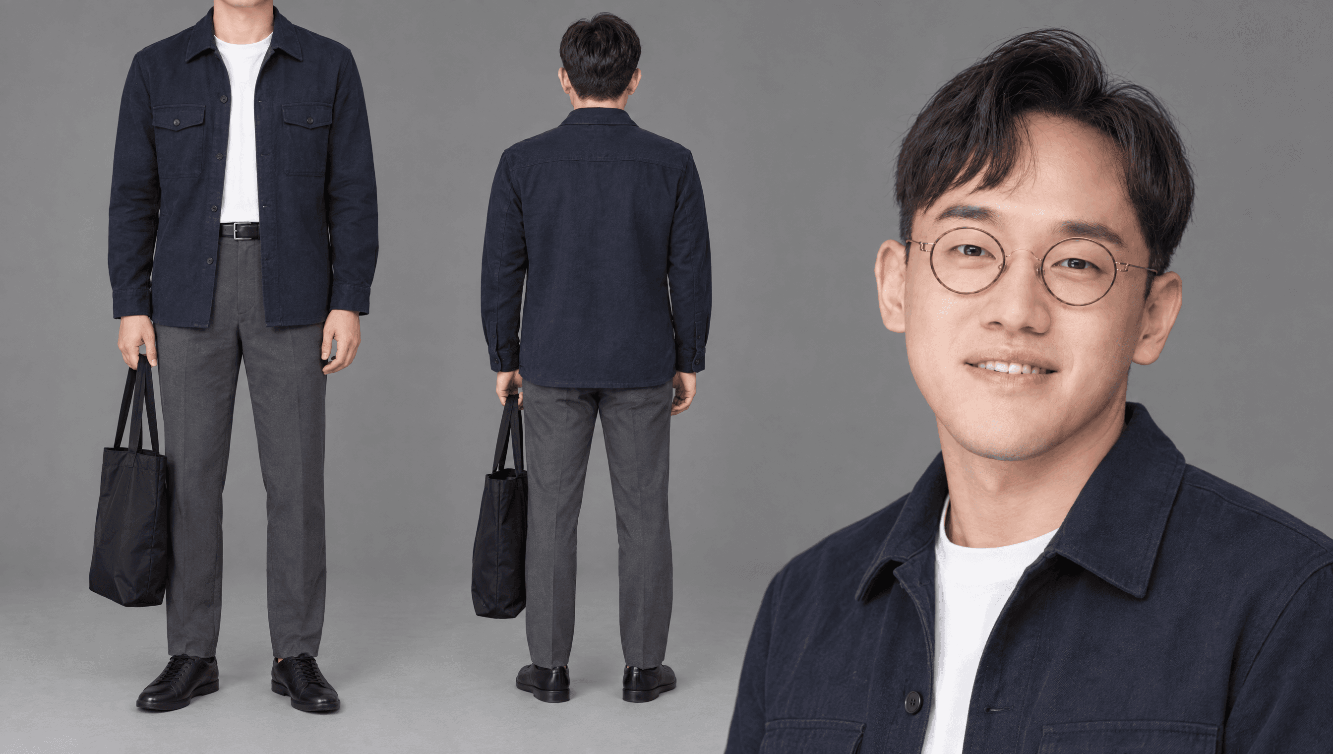 네이비 셔츠 재킷 · 흰 티 · 그레이 테크 팬츠 · 나일론 토트