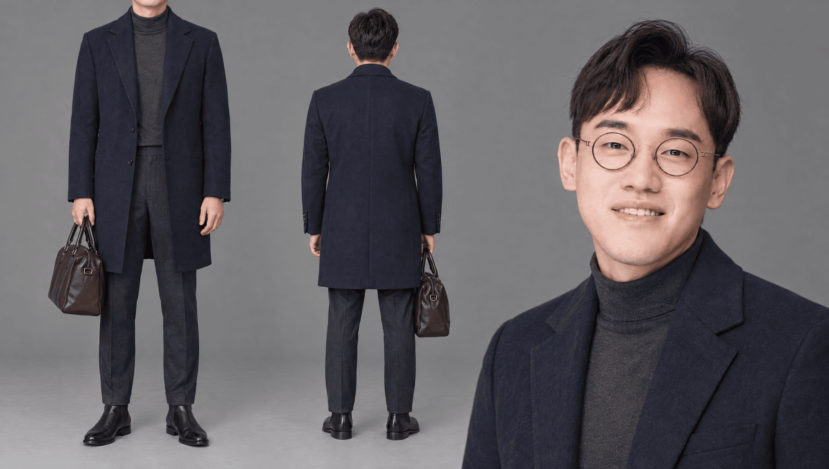 네이비 오버코트 열어 입음 · 차콜 터틀넥 · 차콜 슬랙스 · 홀드올
