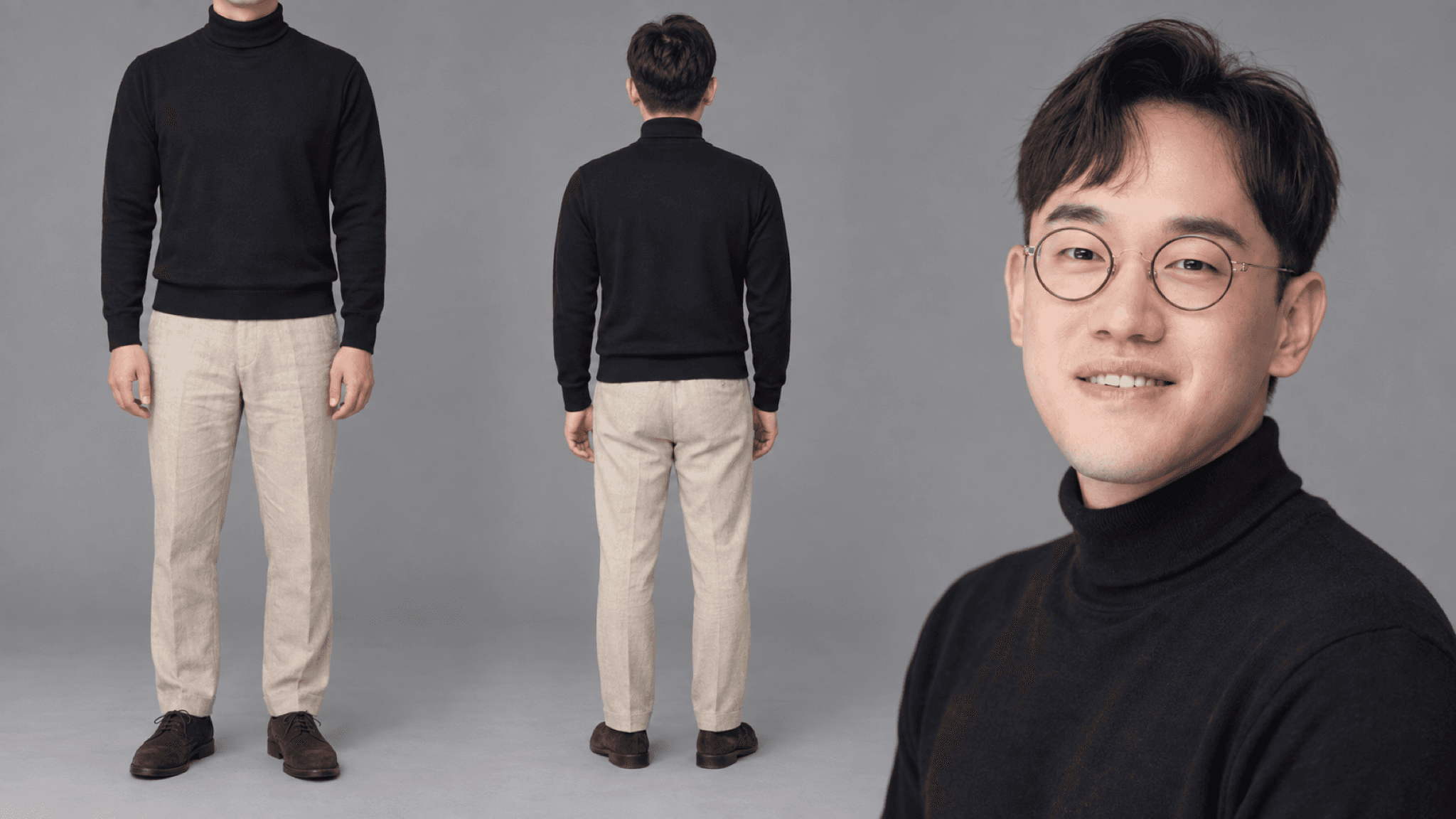 터틀넥 · 베이지 팬츠