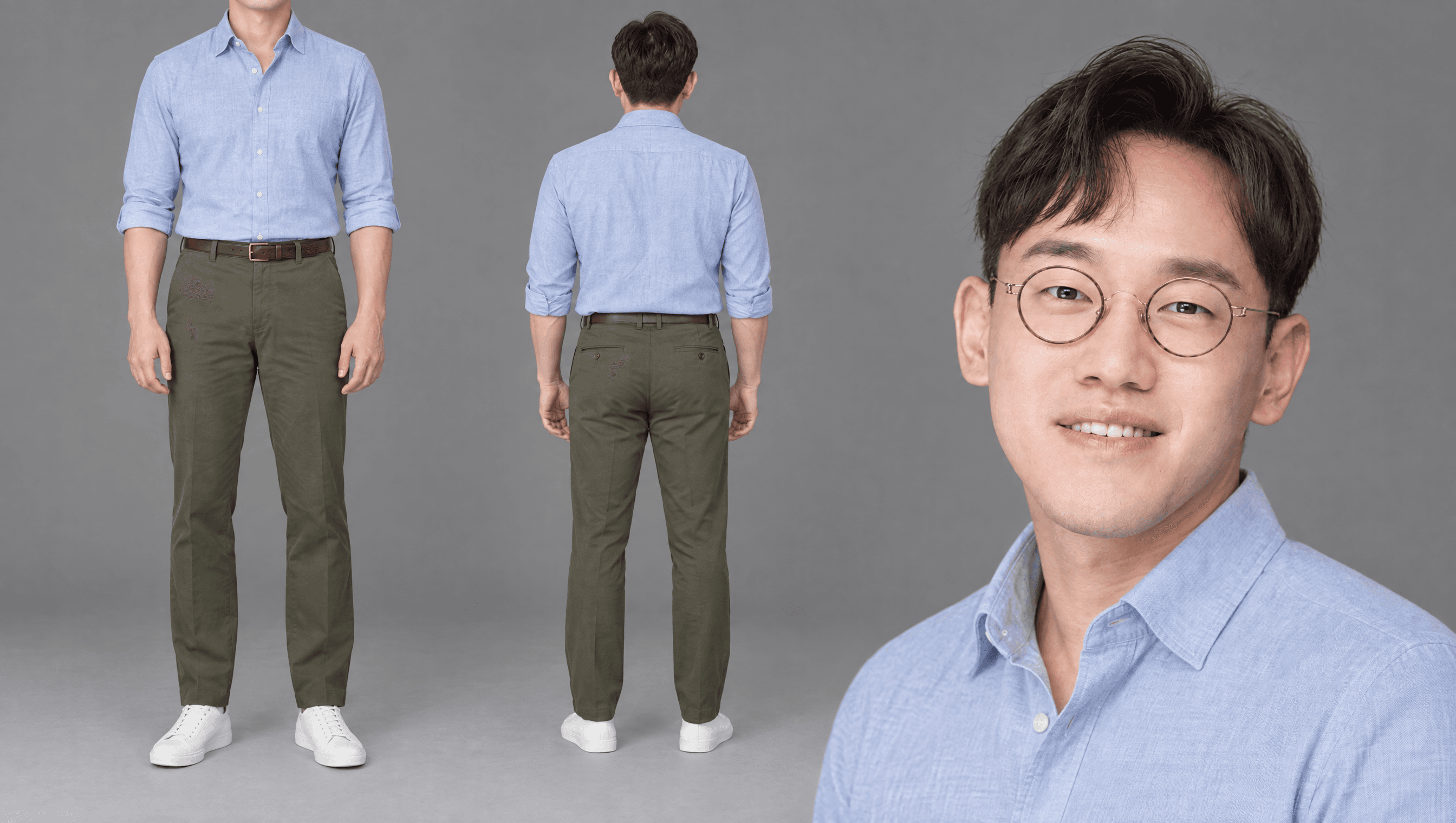 라이트 블루 샴브레이 셔츠 · 올리브 치노