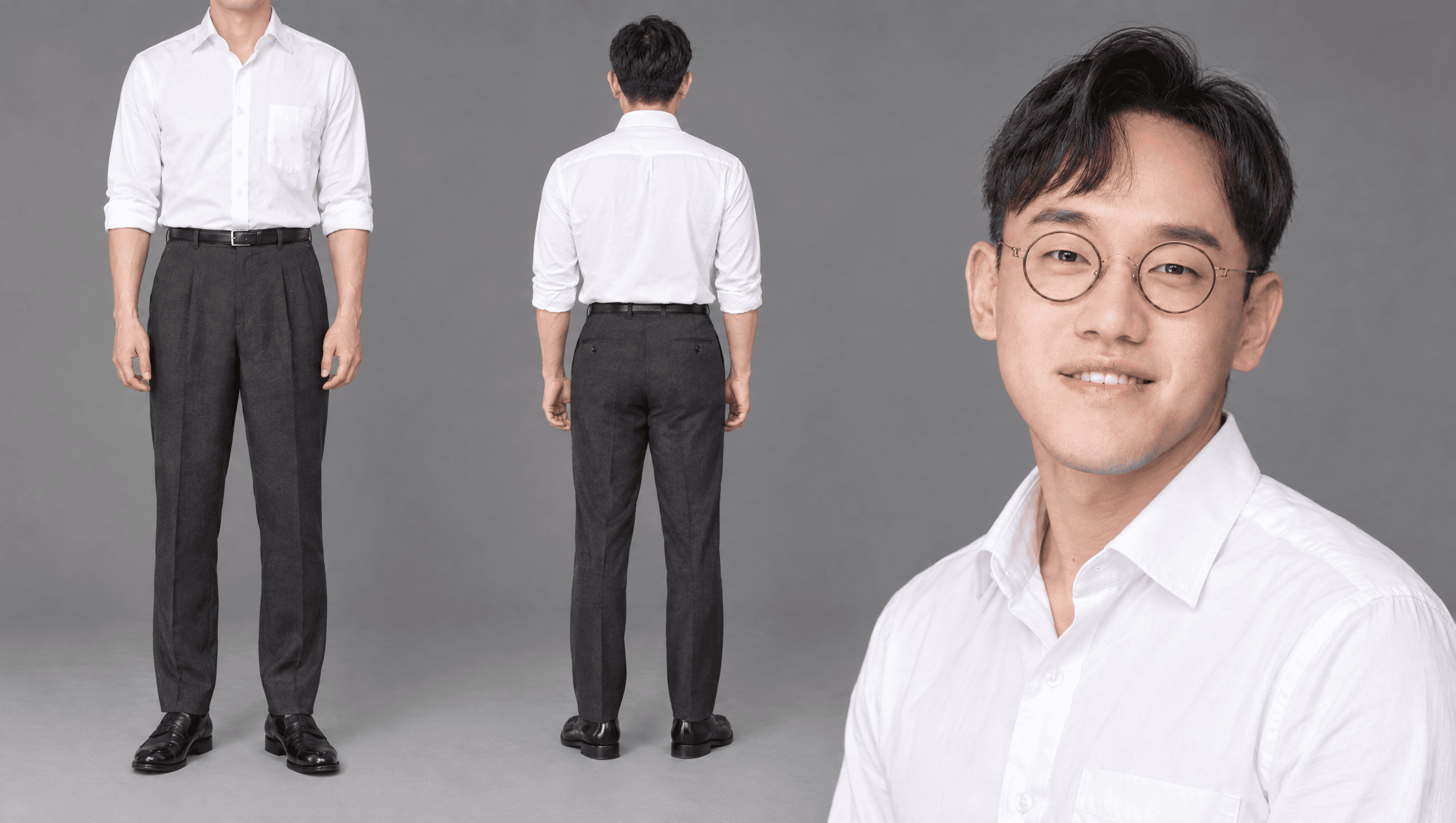 화이트 셔츠 · 차콜 슬랙스
