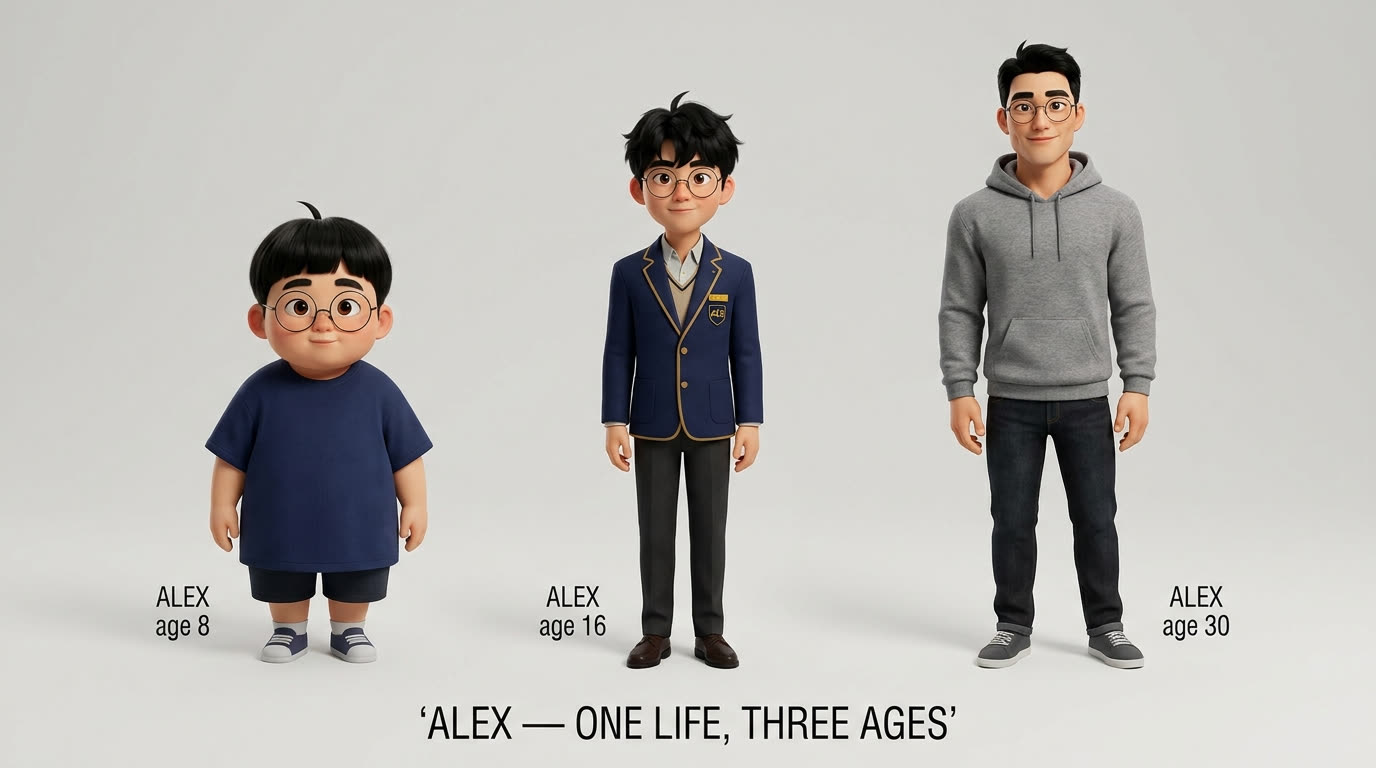 age lineup: one identity across ages 8, 16, 30