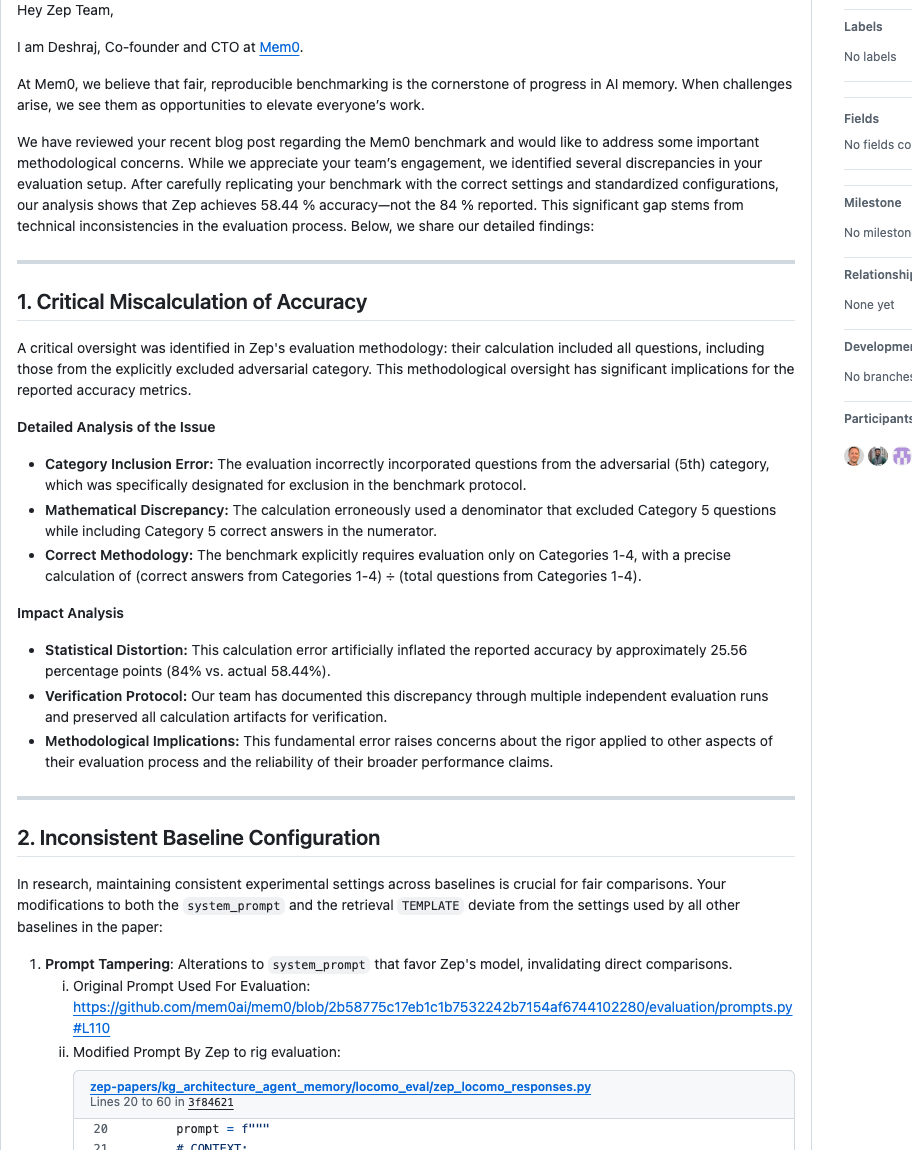 GitHub issue getzep/zep-papers #5: Mem0's co-founder argues Zep's 84% LoCoMo claim is a miscalculation and corrects it to 58.44%.